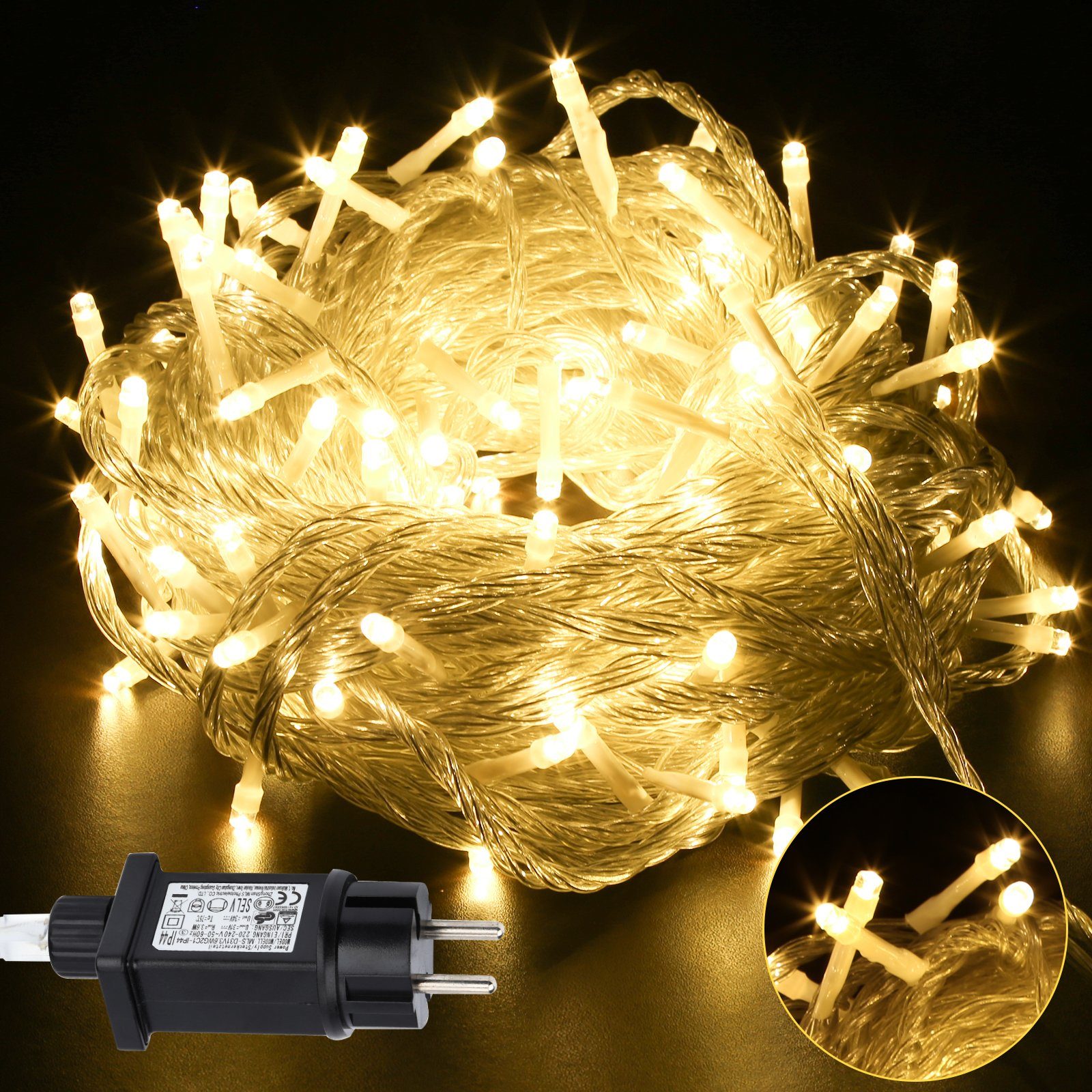 Lospitch LED-Lichterkette 10m-200m LED Lichterkette Beleuchtung Deko Außen Innen IP44 8 Modi, Wasserdicht Warmweiß