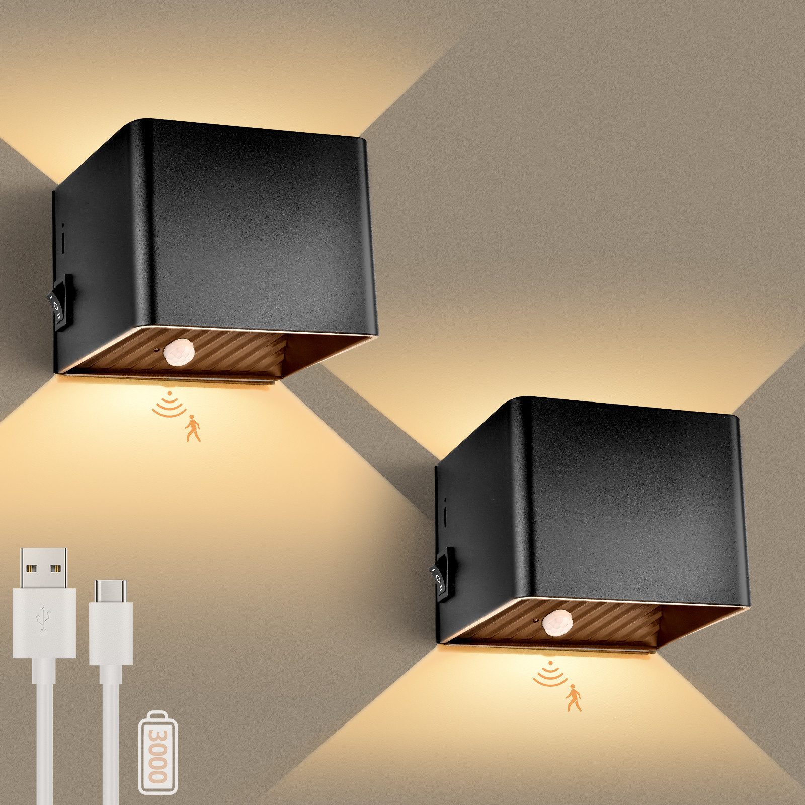 GeyouLux Wandleuchte mit 3000mAh Akku & Bewegungsmelder, 5W 3 Modi 3000K, LED fest integriert, Warmlicht, 2 Stück Aufladbare Wandleuchte Innen