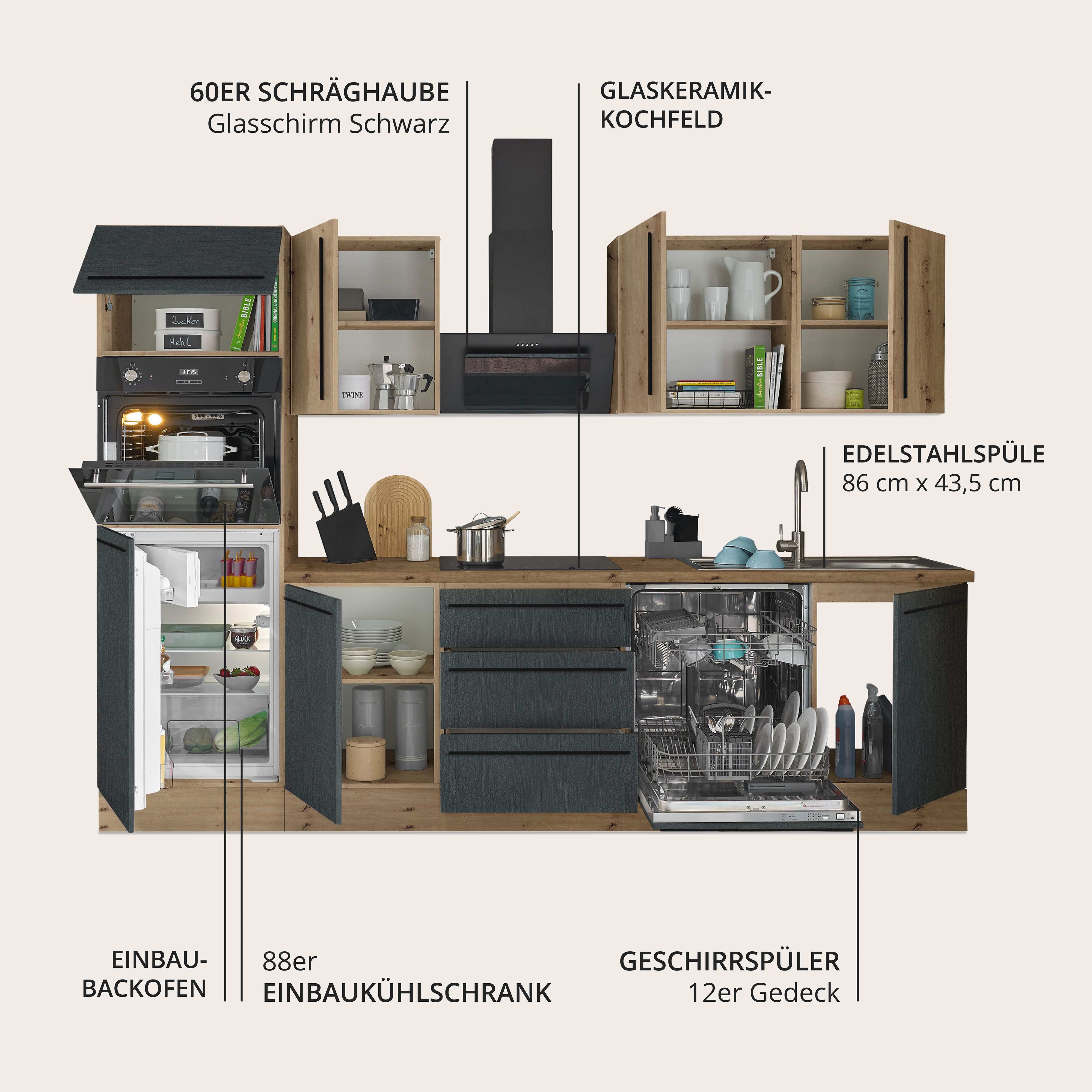 KOCHSTATION Küchenzeile Florida, Breite 280 cm, wahlweise mit E-Geräten,Softclose für Türen/Schubkästen