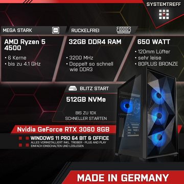 SYSTEMTREFF Basic Gaming-PC (AMD Ryzen 5 4500, GeForce RTX 3060, 32 GB RAM, 512 GB SSD, Luftkühlung, Windows 11, WLAN)