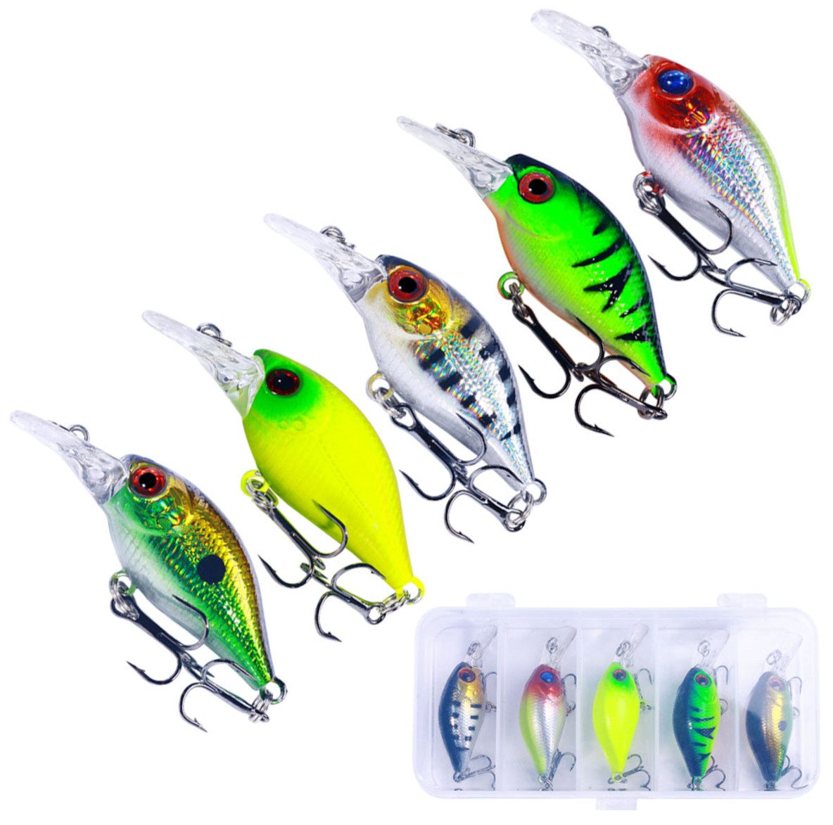 BernhStein Kunstköder Crankbait-Wobbler Set 5 tlg. Box 5,3 cm, 4,3 g Forelle, Barsch, Zander, (5-St)