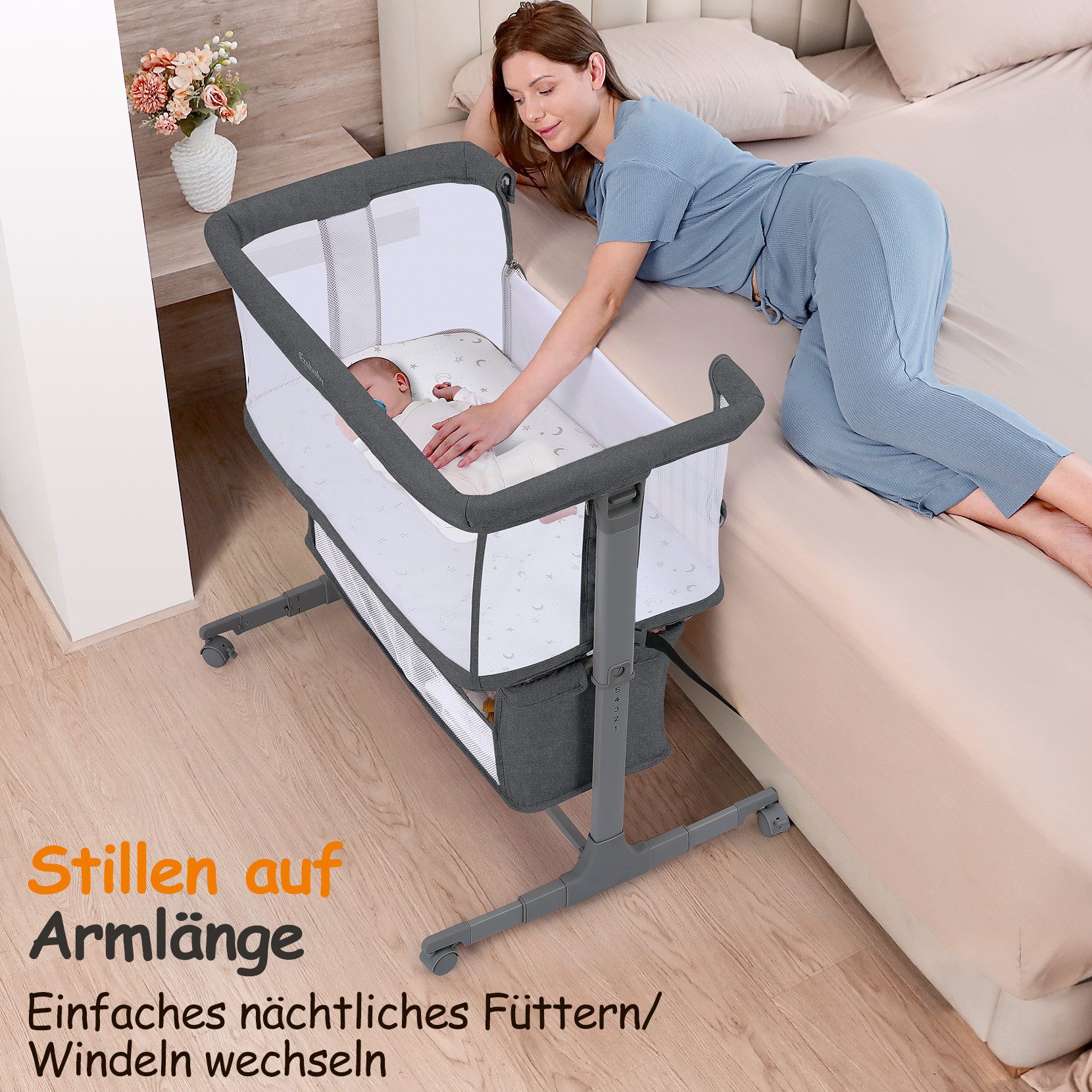 OUNUO Beistellbett für Neugeborene mit Rädern, Aufbewahrungskorb, Matratze