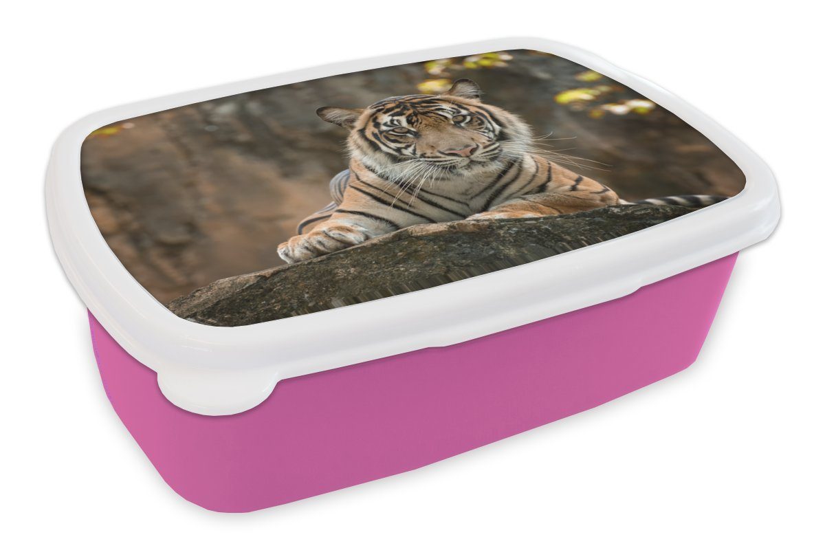 MuchoWow Lunchbox Tiger - Felsen - Blätter, Kunststoff, (2-tlg), Brotbox für Erwachsene, Brotdose Kinder, Snackbox, Mädchen, Kunststoff rosa