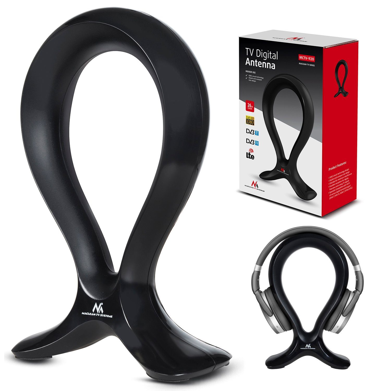 Maclean MCTV-920 Innenantenne (für Innenbereich), Zimmerantenne 2 in 1 TV Antenne + Kopfhörerständer