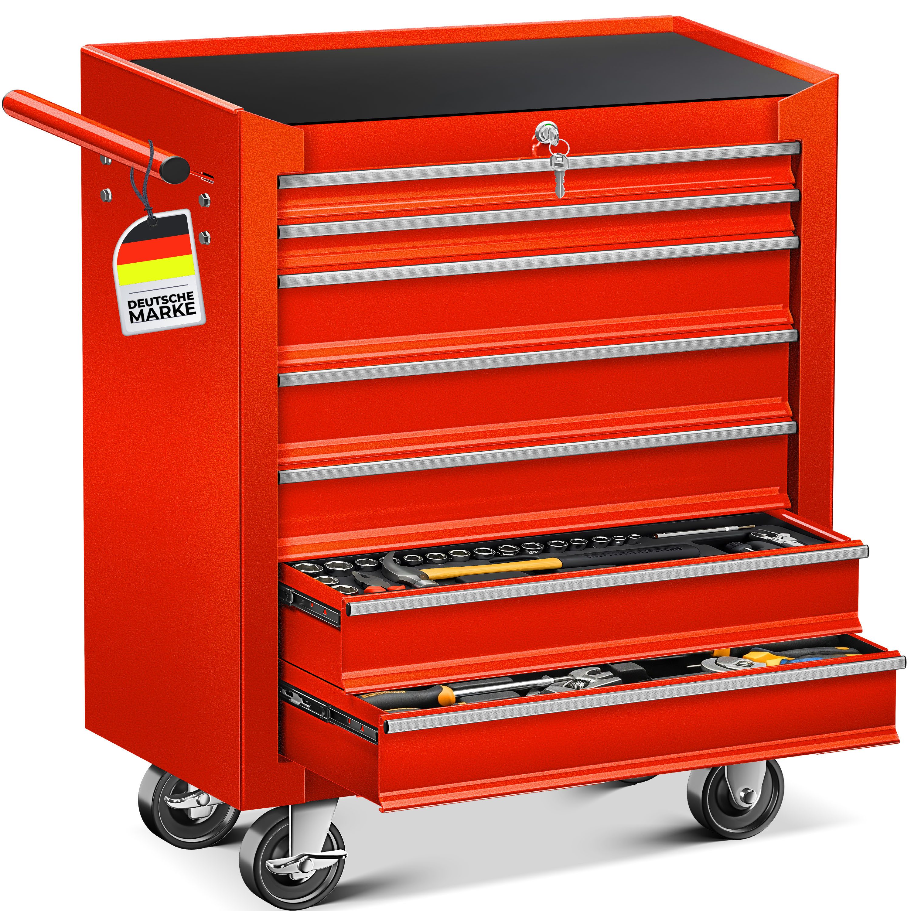MASKO Werkstattwagen Profi Werkzeugwagen mit 7 Schubladen, abschließbar, massives Metall, 7 Fächer Rot, Rollwagen zur Werkzeugaufbewahrung mit Schloss & 2 Schlüssel