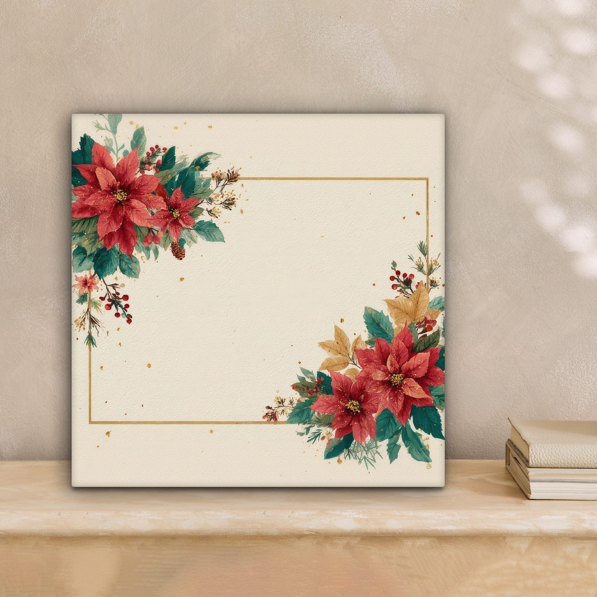 OneMillionCanvasses® Leinwandbild Weihnachten - Weihnachtsstern - Rahmen - Farbenfroh, Fotodruck (1 St), Wandbild, Deko Schlafzimmer Wohnzimmer Flur 20x20 cm