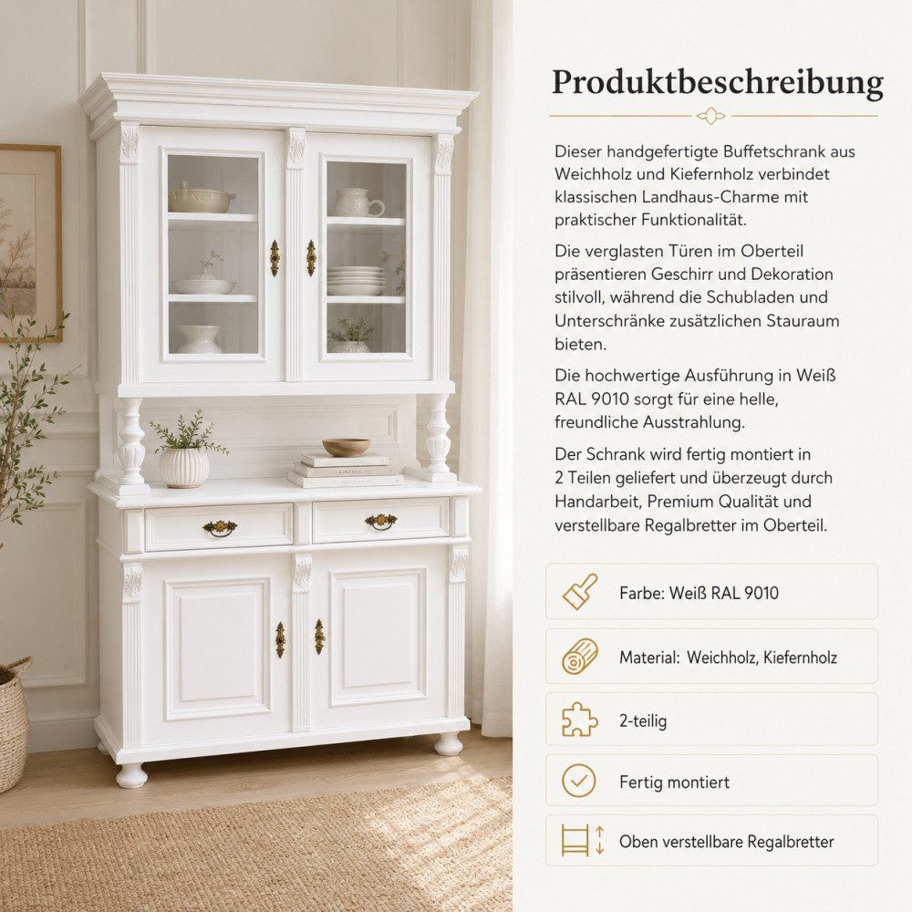 Wohnpalast Buffet Premium Buffetschrank Massivholz – Landhausstil, Weiß, 2-teilig, Handa