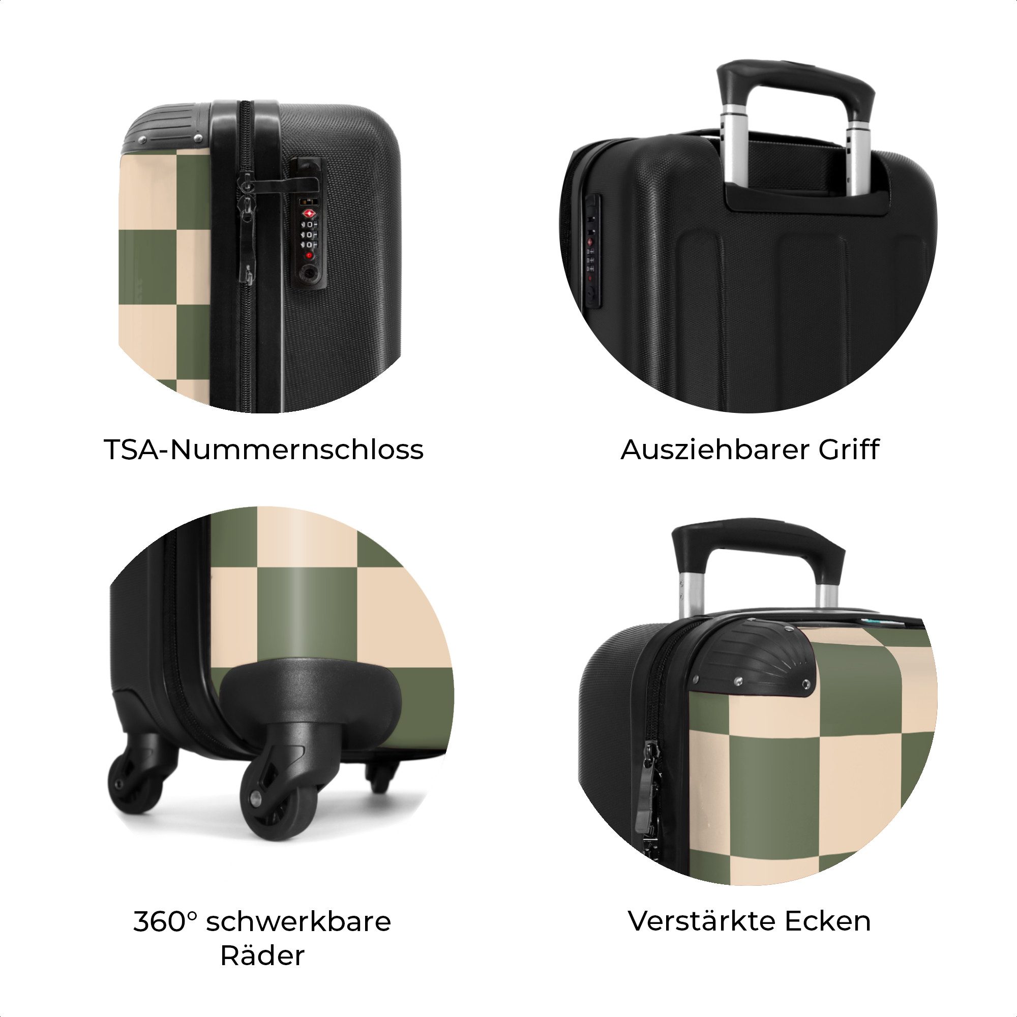 NoBoringSuitcases.com© Hartschalen-Trolley Grün mit beigem Schachbrettmuster 55x35x20cm, 4 Rollen, Reisekoffer mit 4 Rollen, Carry on luggage, Männer