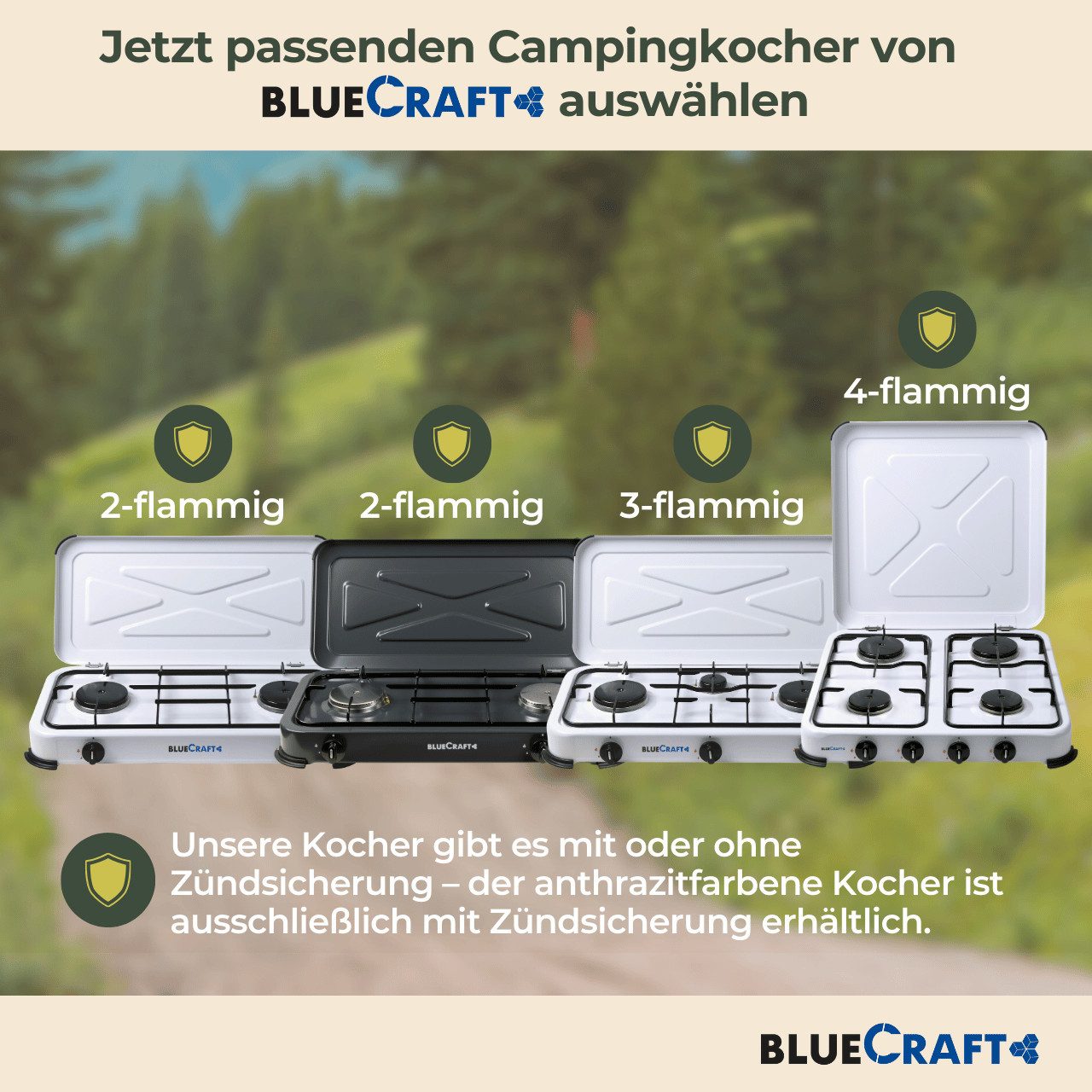 BlueCraft Gaskocher 2 flammig mit Zündsicherung 50mbar Propan Gas Campingkocher 4,4 kW, Camping Gas Kocher 2 flammen für Gasflasche Gasherd Gas-Kochfeld