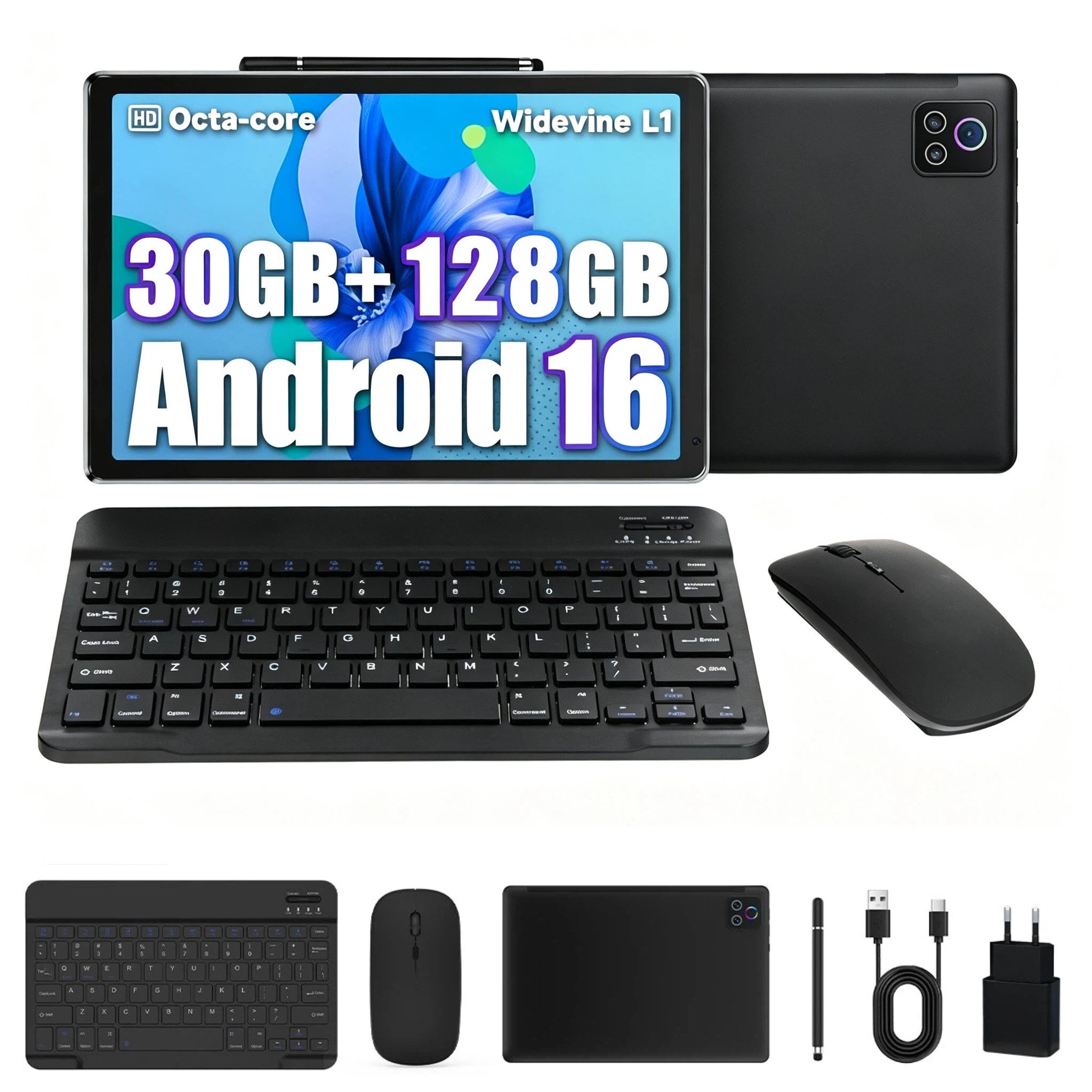 BUFO 10 Zoll, 128GB+1TB Erweiterbar, 1280x800 IPS HD, Wifi 6, Android 16 Tablet (10", 128 GB, Android 16, WiFi 6, 30(6+24)GB RAM, mit Stift, Tastatur und Maus, Gemini AI)