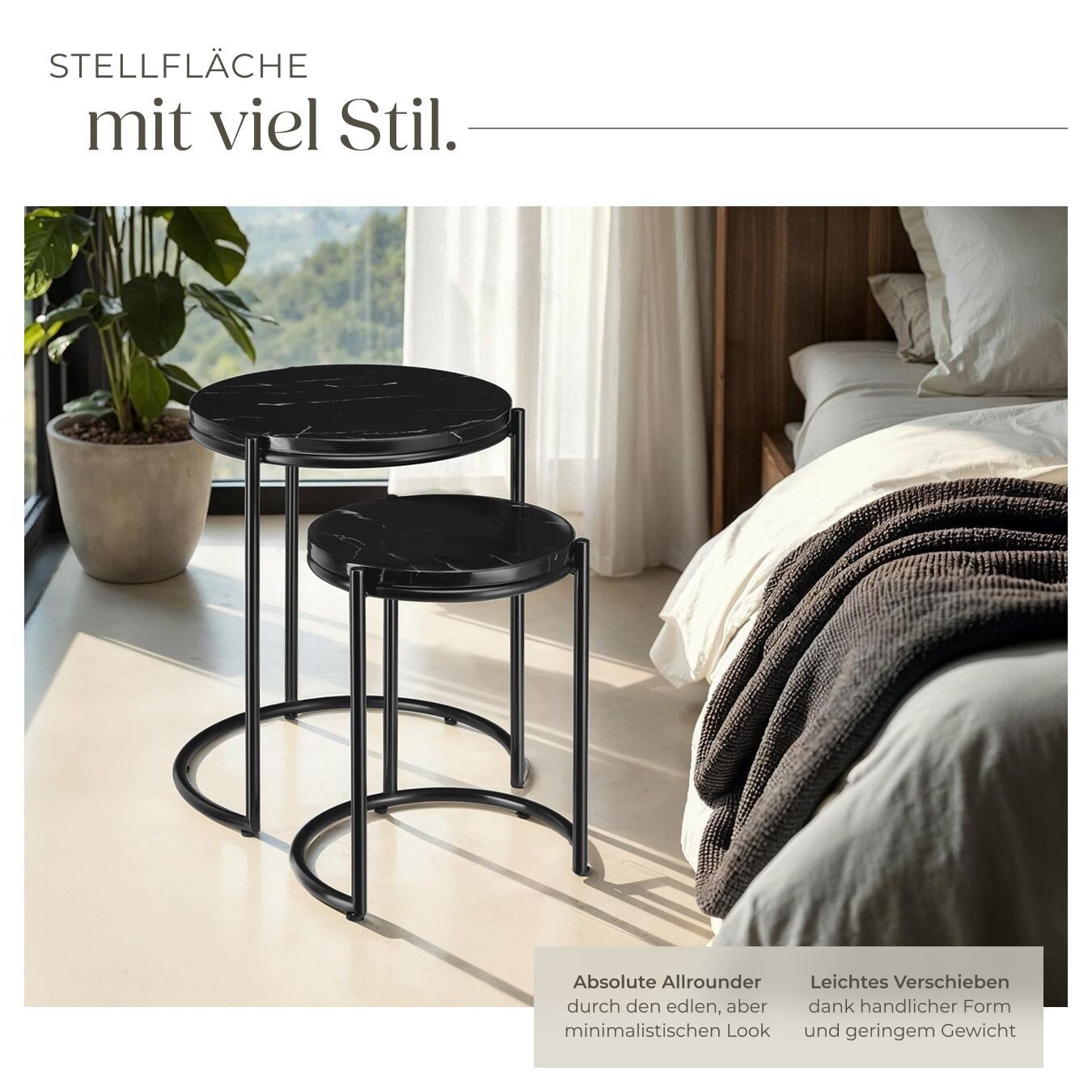tectake Beistelltisch Ineinander schiebbarer Ablagetisch mit Platten in Marmoroptik (Sofatisch Ellsa, 2-St., 2 tlg), Solide Stahlgestelle, kein Aufbau, höhenverstellbare Kunststofffüße