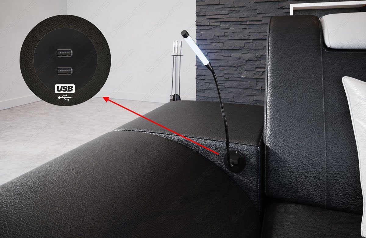 Enzo Schwarz Sofa Wohnlandschaft XXL Ledersofa und Lagerware, Sofa Dreams USB Anschluss Designersofa LED-Beleuchtung Weiß mit Couch