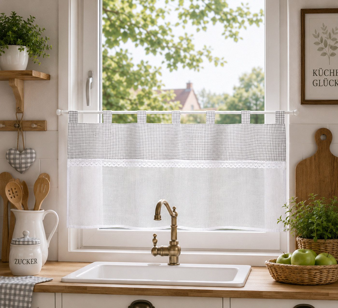 heimtexland Scheibengardine Landhaus Bistro Gardine Küche Batist Vichy Karo (1 St), Schlaufen, halbtransparent, Batist-Optik, Schlaufen I Häkel-Borte I Fensterd – Bild 3 von 5