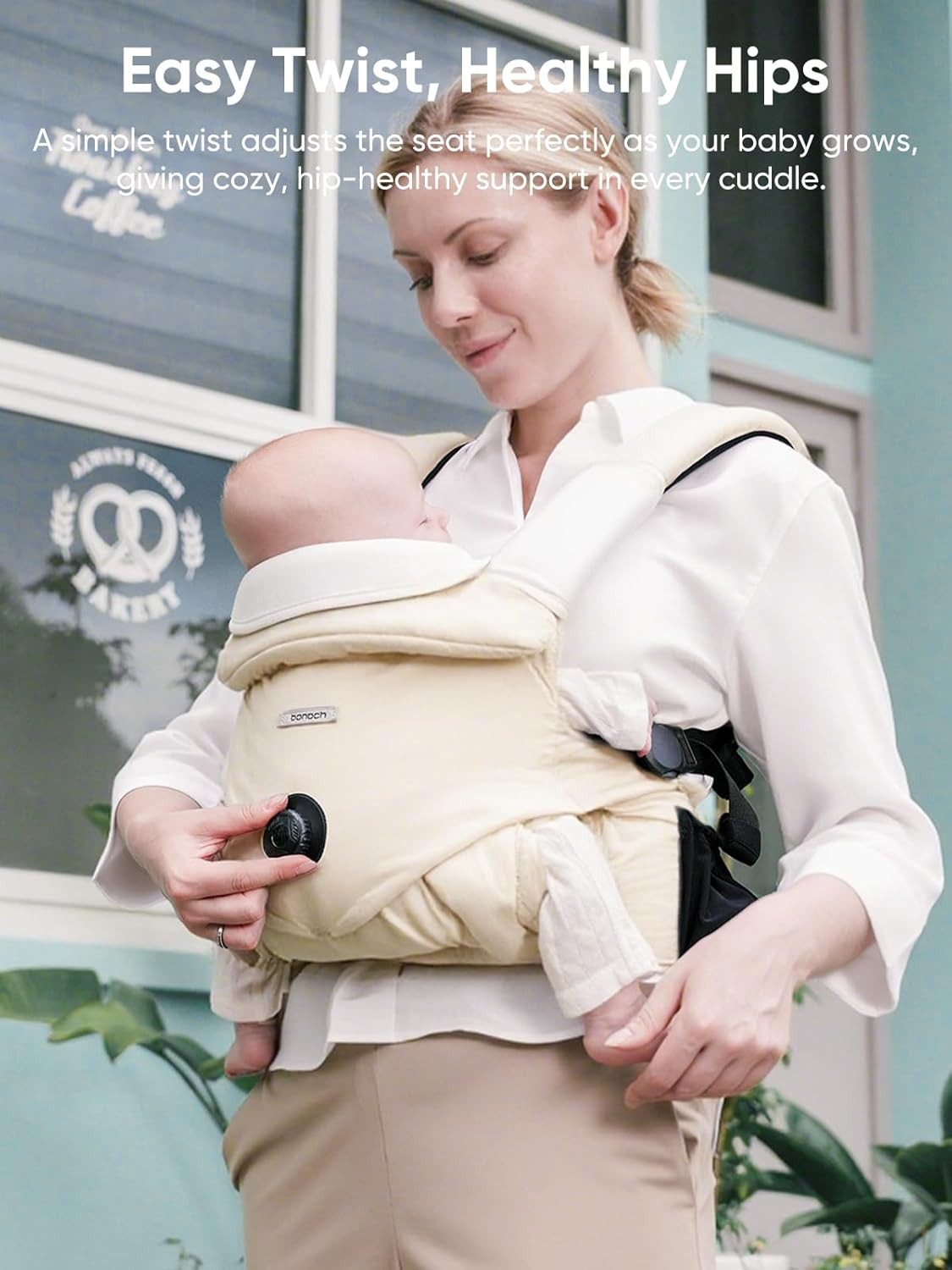 bonoch Babytrage EaseFit ergonomische Babytrage Beige Baumwolle 4–24 Monate Hüfttrage (Babytrage mit Zubehör-Set (3 Lätzchen), Babytrage mit 3 Lätzchen und verstellbarem Hüftgurt), Ergonomische Babytrage mit EaseFit-System und atmungsaktiver Baumwolle