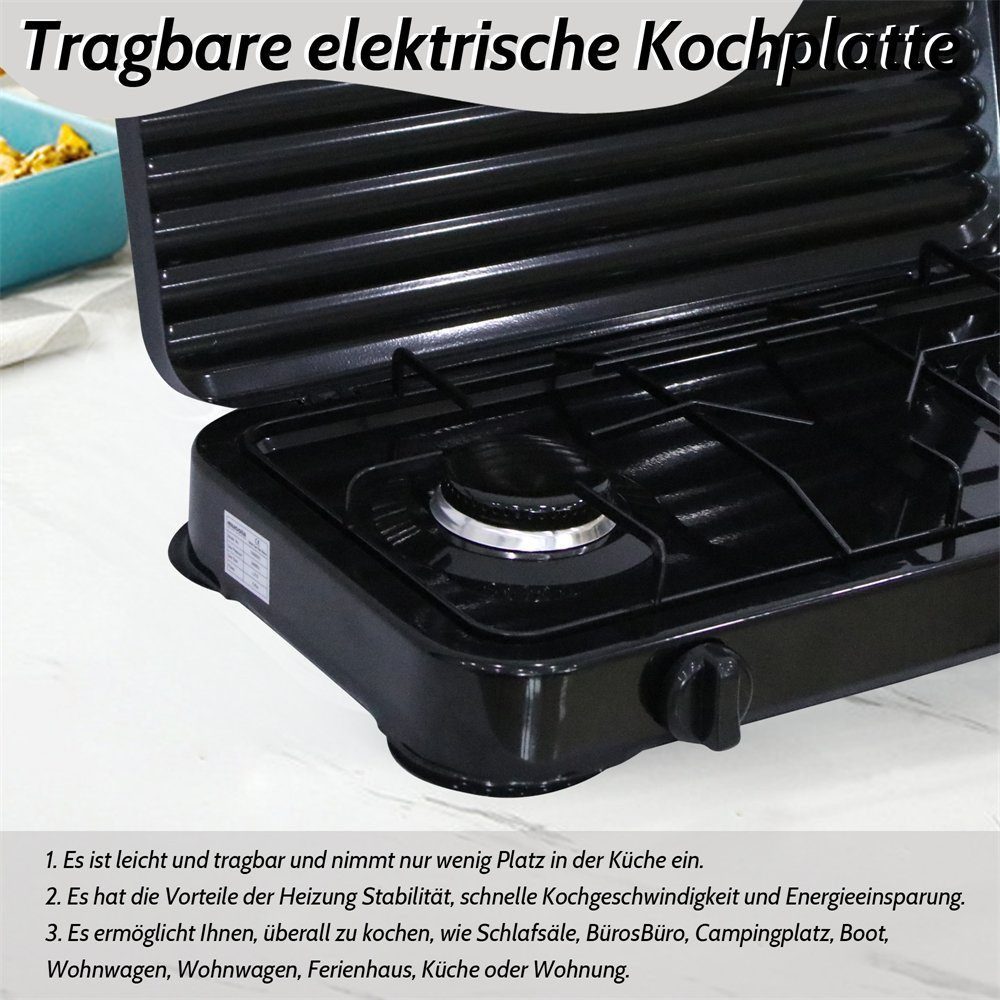 Feel2Home Gaskocher Camping Kochfeld Gaskocher 2 flammig mit Deckel Herd Outdoor Metall, (Stück, 1-St., Campingkocher / Gaskocher - 2-flammig), Flamme stufenlos regulierbar durch Drehknopf