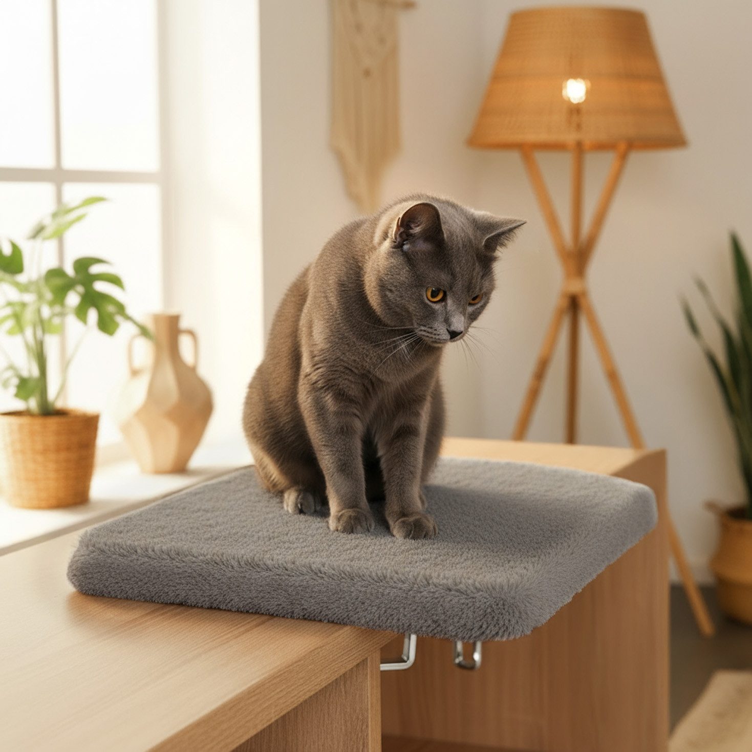 belviona Katzenliege, Fensterbankliege mit Plüschpolster & Schraubzwingen, dunkelgrau, Plüsch, Fensterbrett-Platz für Katzen bis 15 kg, Montage ohne Bohren