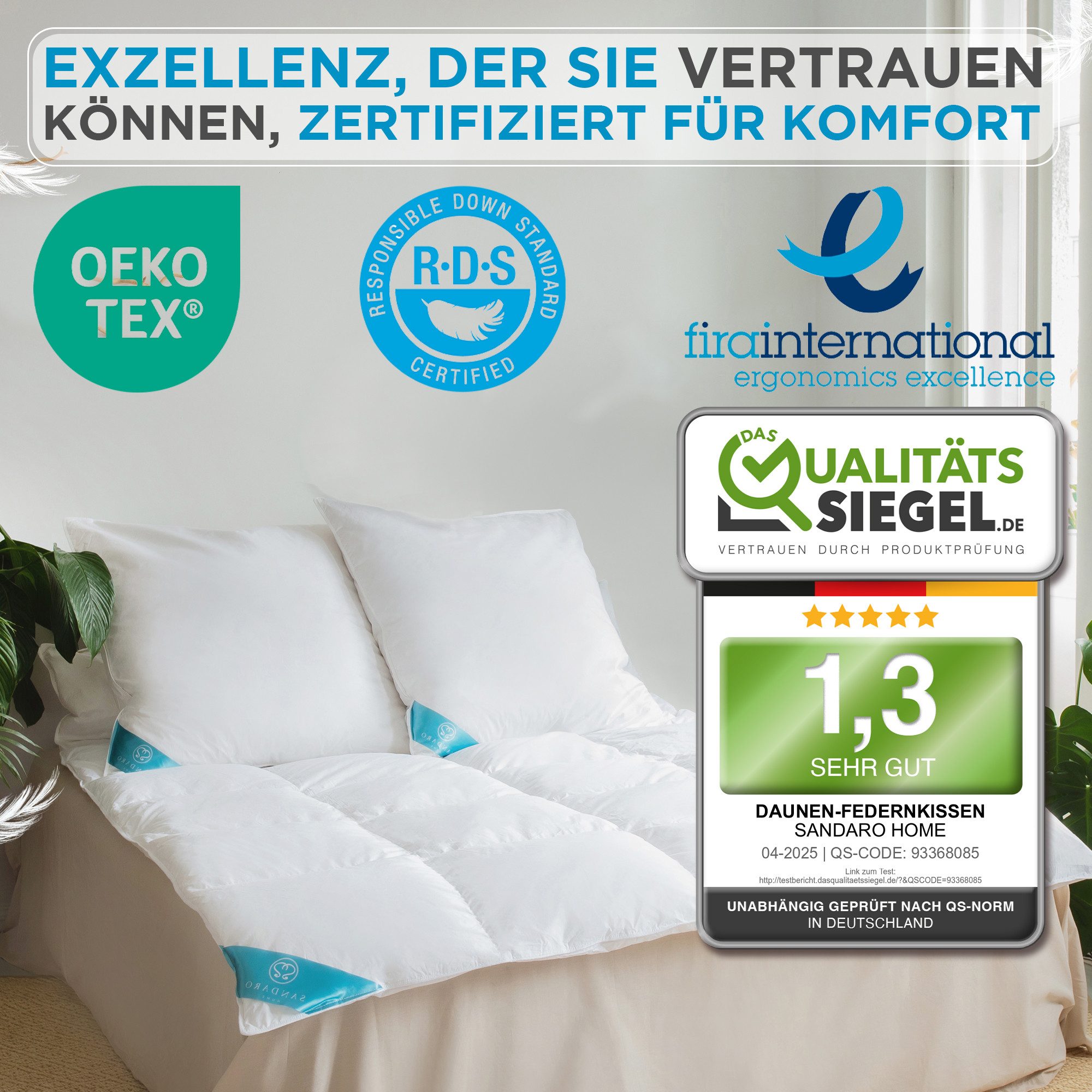Sandaro Home Daunenkissen 1200 gr, 3-KAMMERN KISSEN, 80 x 80 cm 2er SET, Be günstig online kaufen