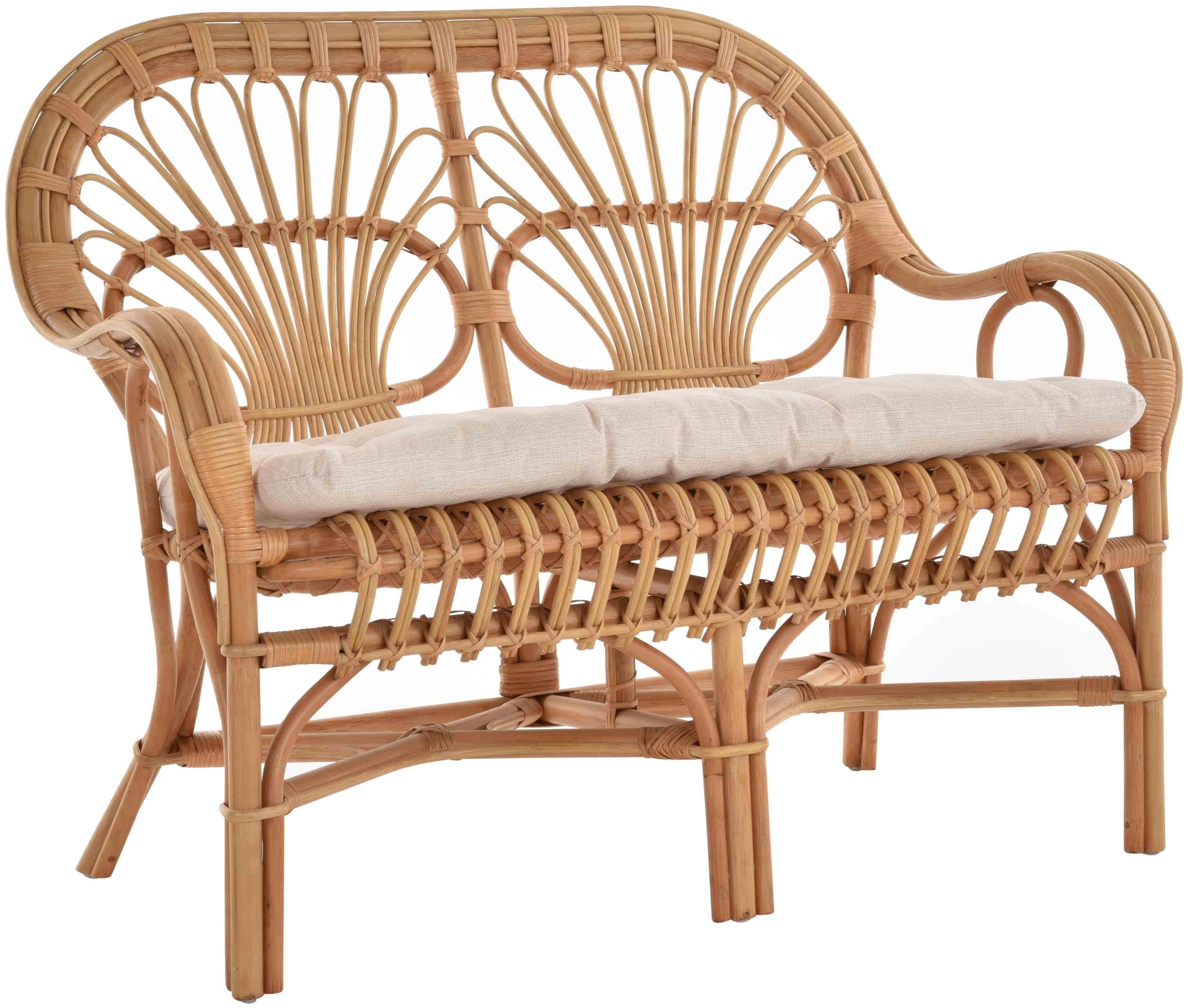 Krines Home Sitzbank Retro Rattanbank 50er / 60er Jahre-Stil Wintergarten 2er Küchenbank, Zweisitzer Natur Rattan Bank Sofa Wintergartenbank inkl. Sitzpolster