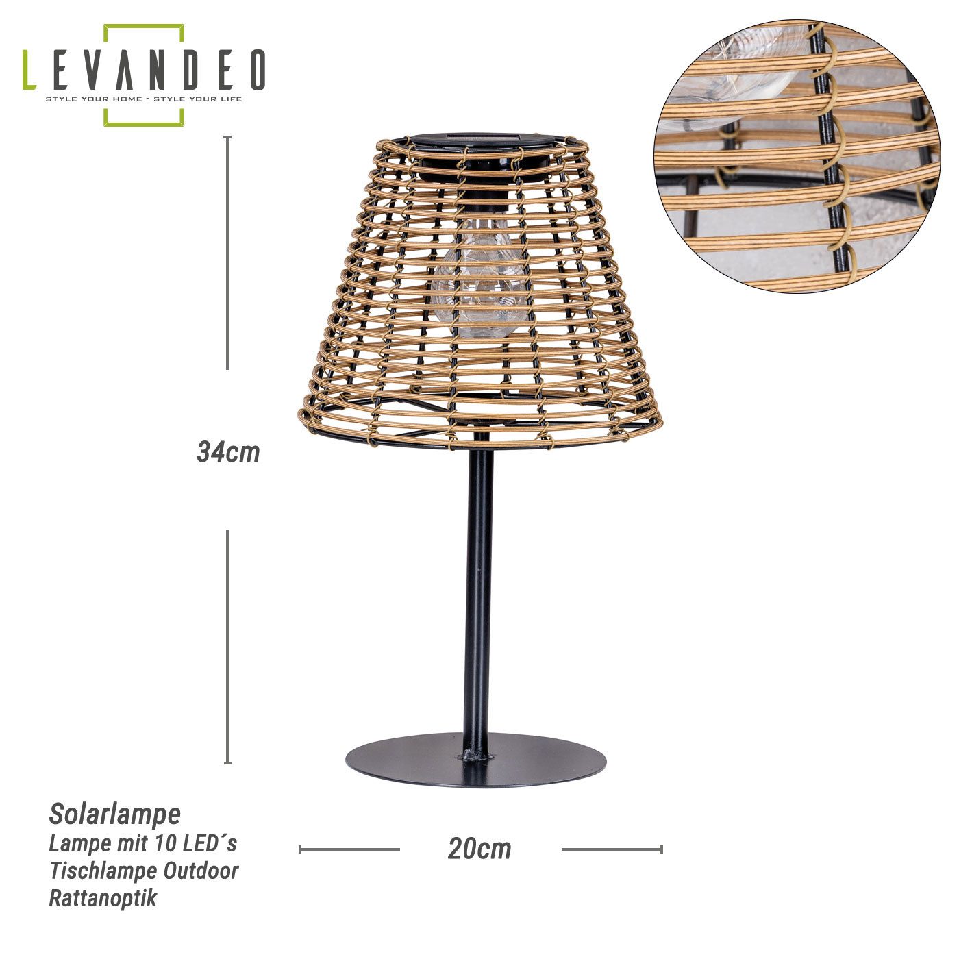 Levandeo® LED Solarleuchte, Solar Tischlampe Rattanoptik H34cm Natur Schwar günstig online kaufen