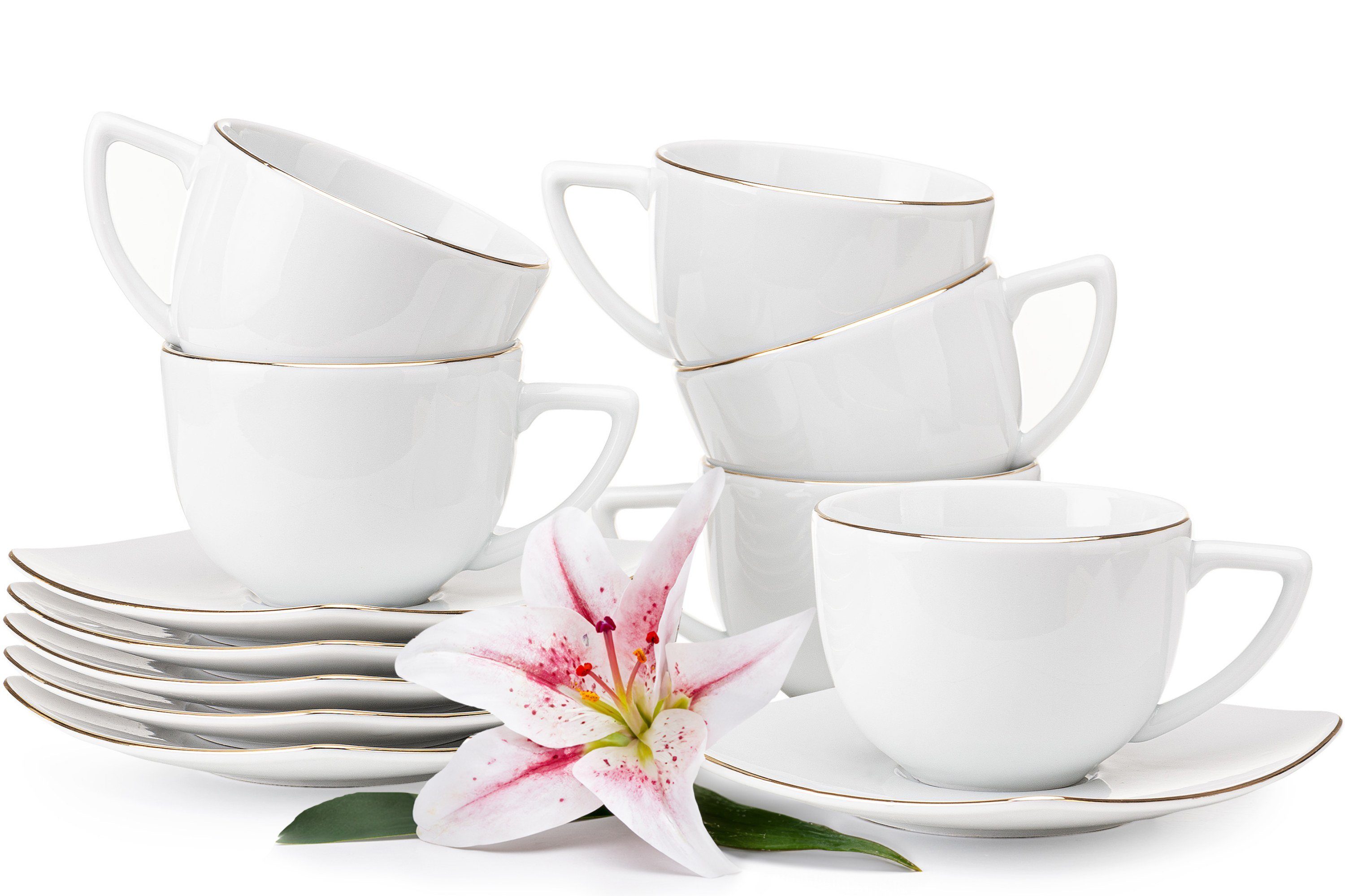 Konsimo Kaffeeservice CARLINA Kaffeetasse Untertasse (12-tlg), 6 Personen, Porzellan, Handwäsche, quadratisch, Elegant