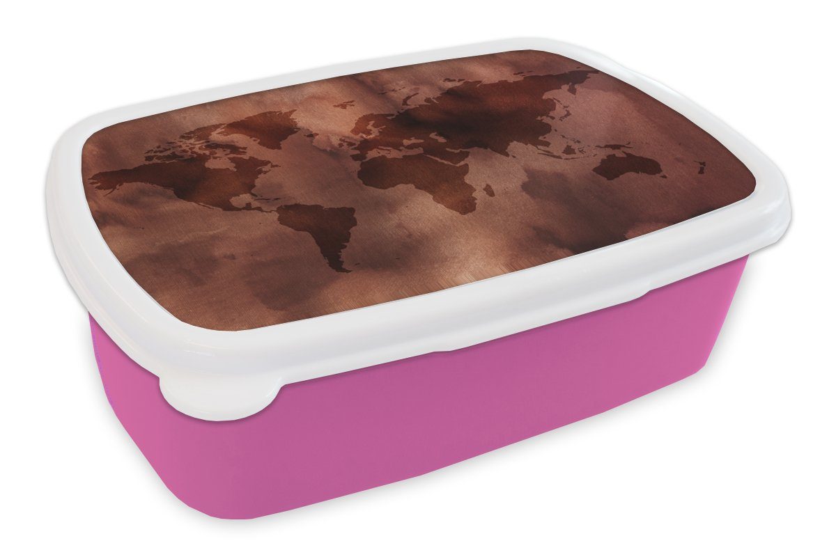 MuchoWow Lunchbox Weltkarte - Sepia - Textil, Kunststoff, (2-tlg), Brotbox für Erwachsene, Brotdose Kinder, Snackbox, Mädchen, Kunststoff rosa