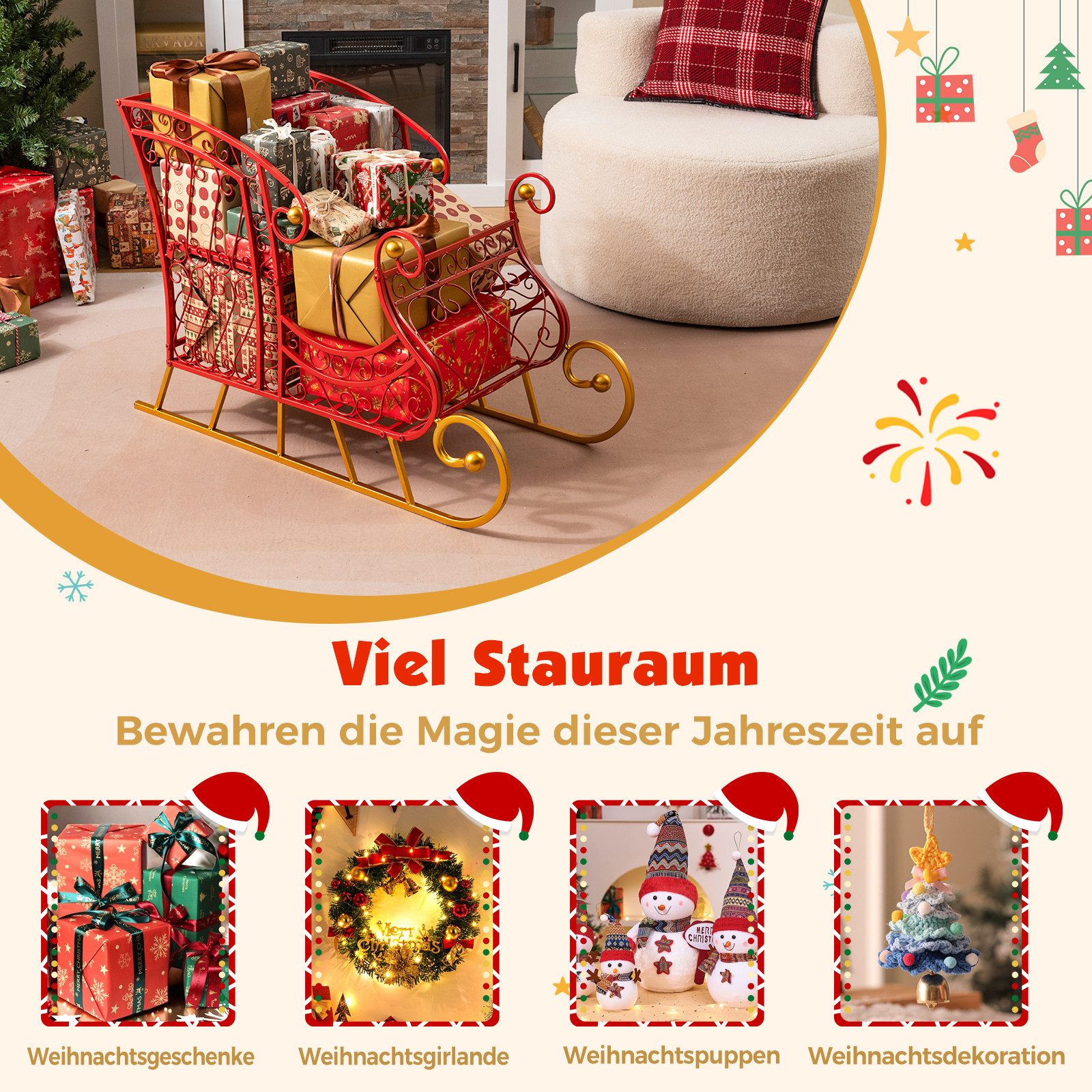 COSTWAY Weihnachtsfigur, Deko Schlitten, Santaschlitten, Weihnachtsdeko