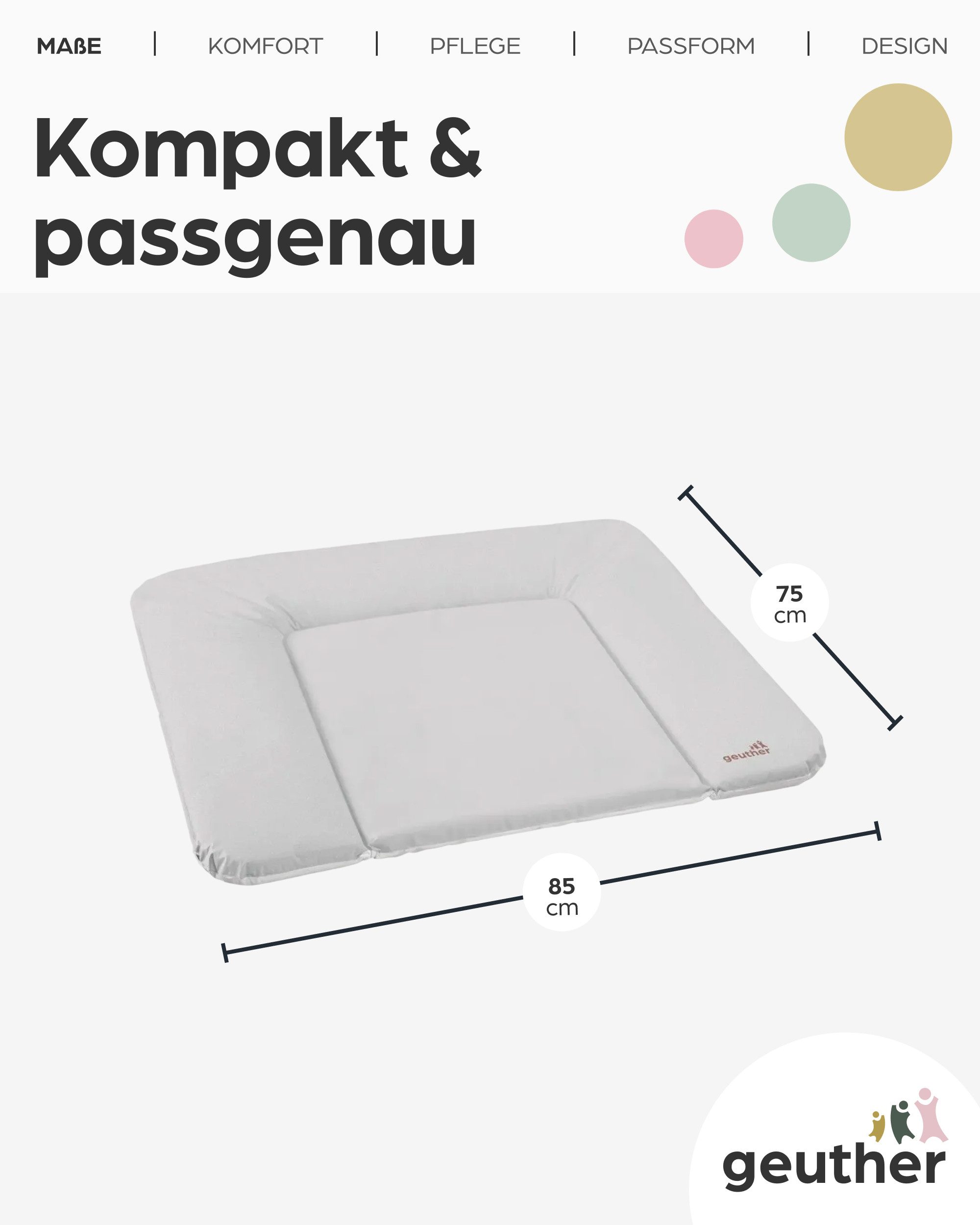 Geuther Wickelauflage Lena 85x75 cm, weich gepolstert & abwischbar, mit Sicherheitsrand, Made in Europe, abwischbar