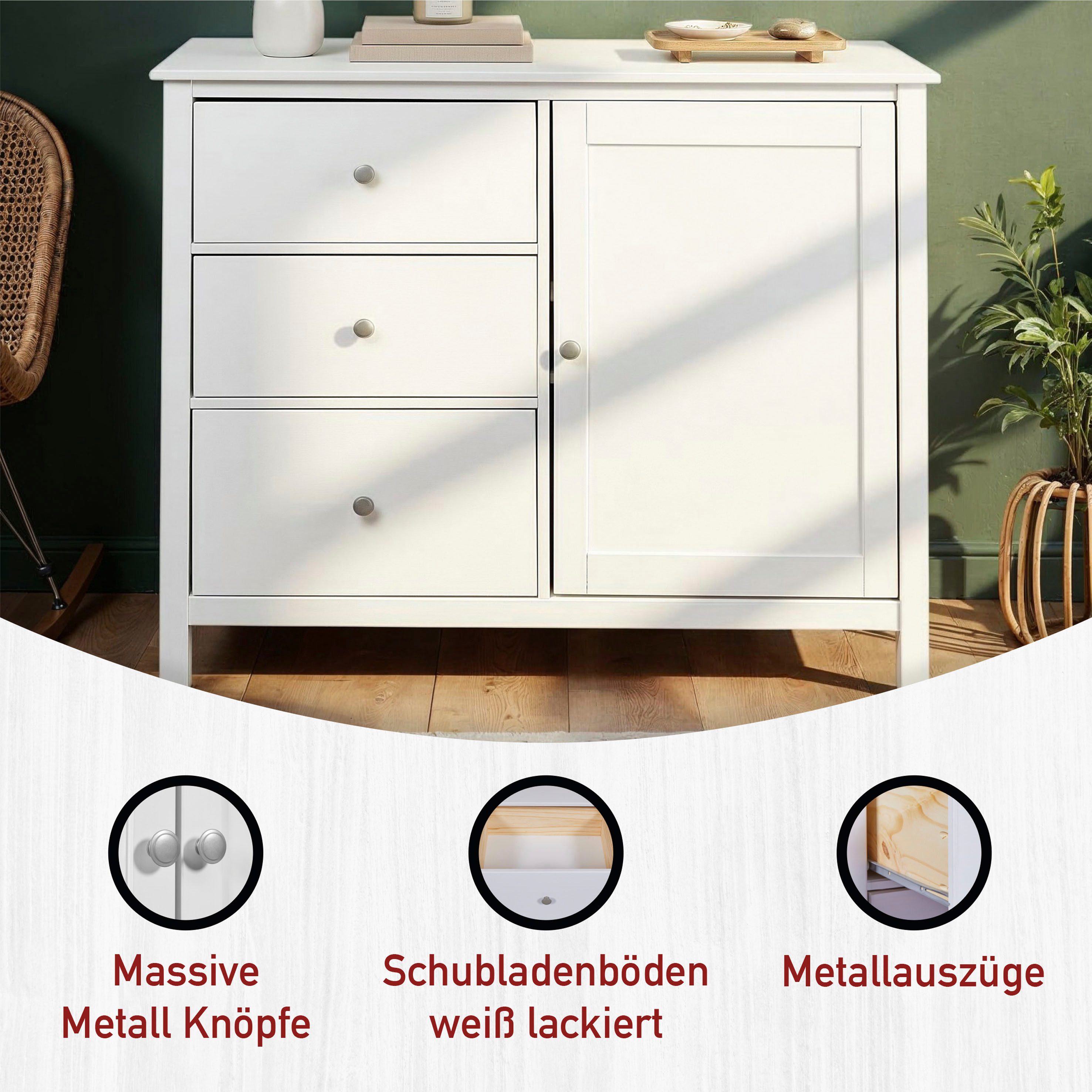 Inter Link Kombikommode Pinora, Kiefer Massivholz, Weiss, 110 x 39,50 x 96 cm, viel Stauraum (1 St), Sideboard im modernem Skandi Look, 3 Schubladen, 1 Tür