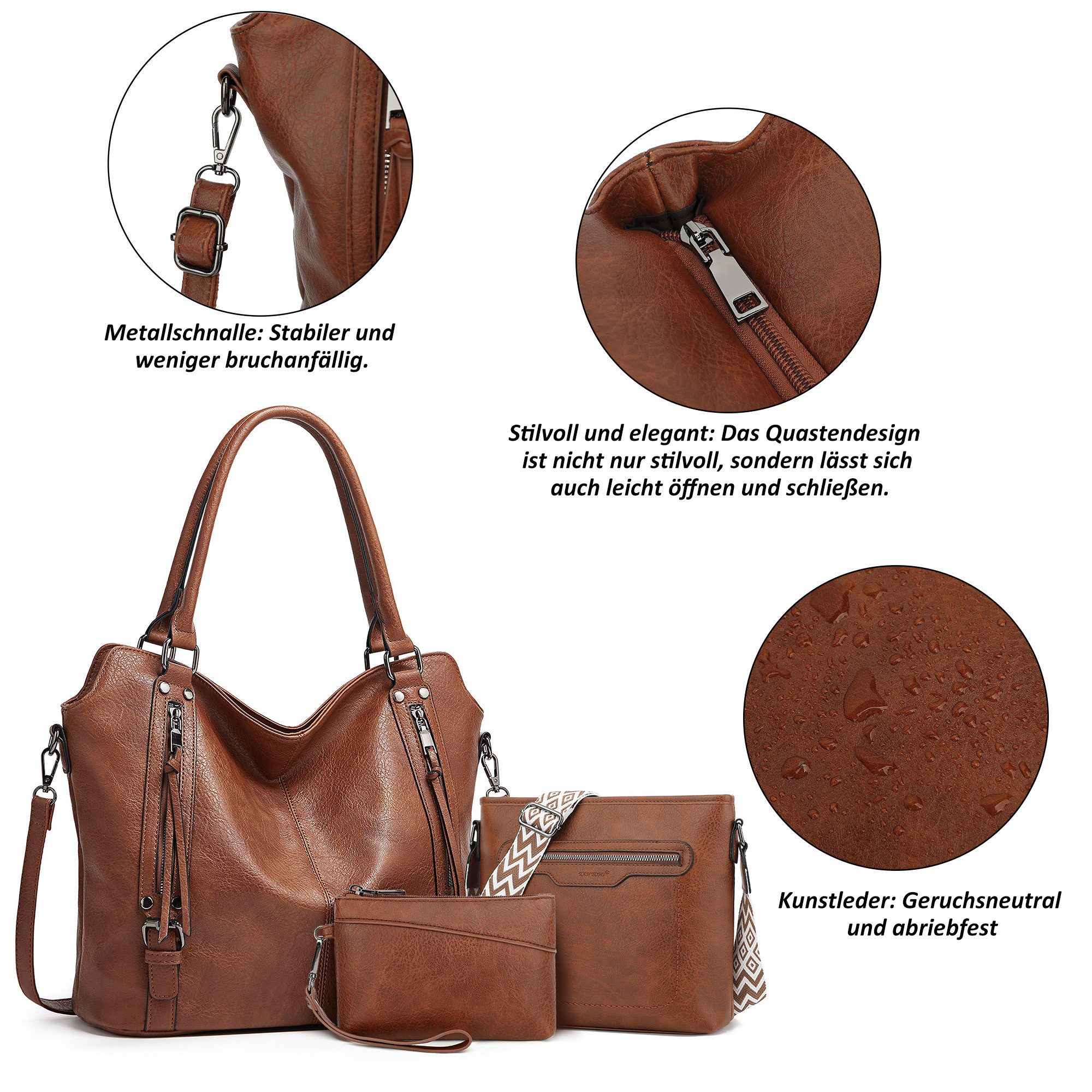 TAN.TOMI Handtasche 3-Tlg Shopper Schultertasche Geldbörse Damen Groß Umhängetasche, Für Freizeit Business Schule Büro usw in schlichter Optik