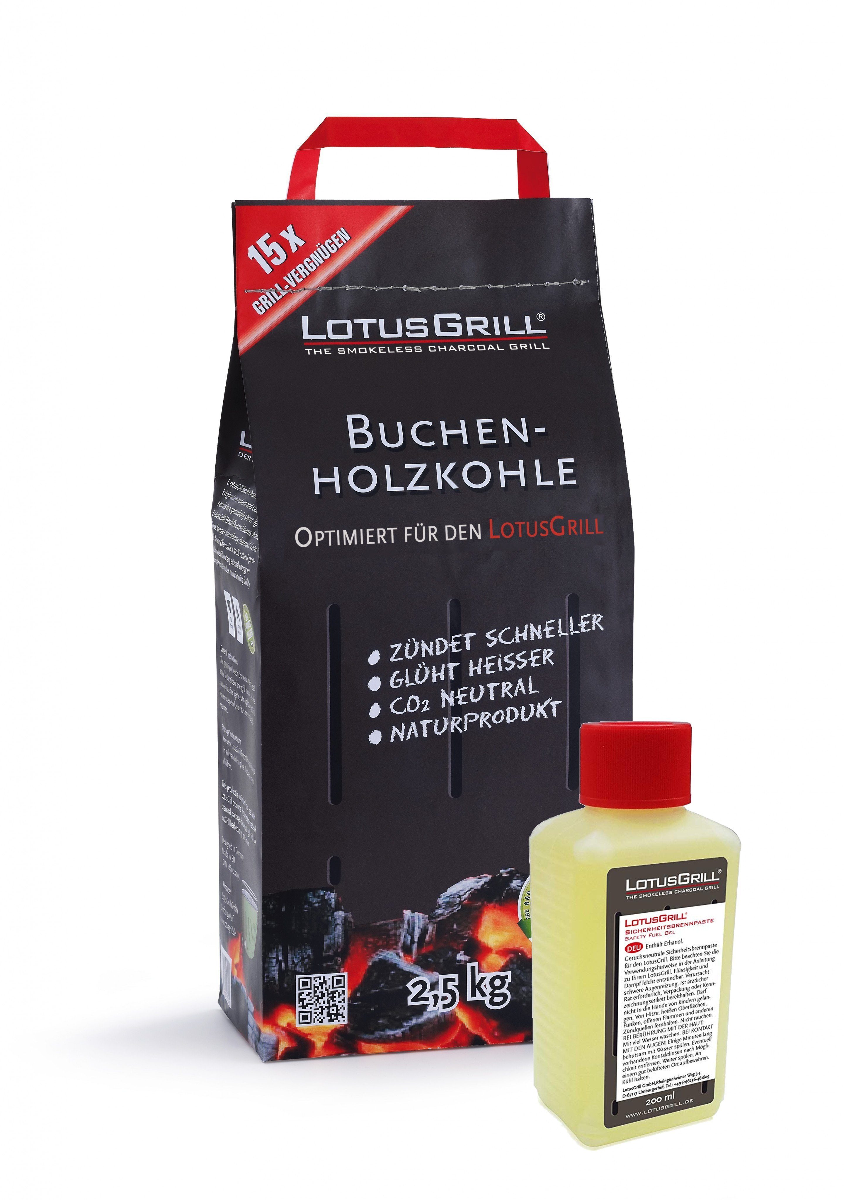 Holzkohlegrill Anzündset Nr.1 - 1x Buchenholzkohle 2,5kg UND 1x Brennpaste 200ml