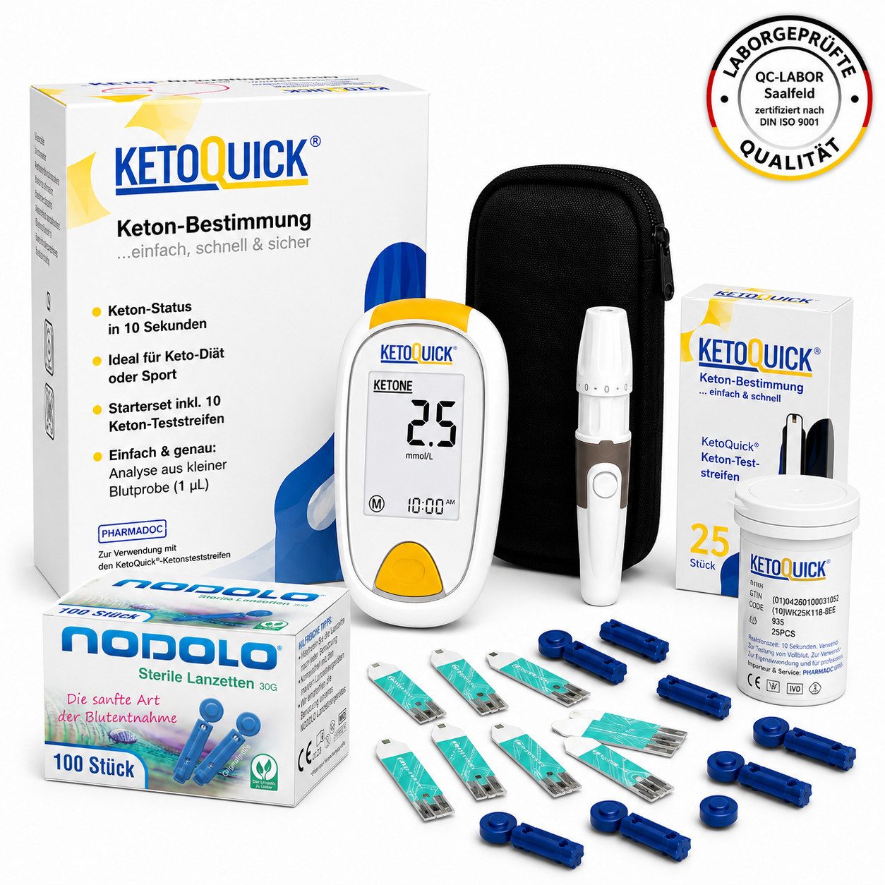 KetoQuick Keton-Messgerät Starterset mit 10 Teststreifen, Kombiset, Ideal für Keto-Ernährung, Fitness, Low Carb