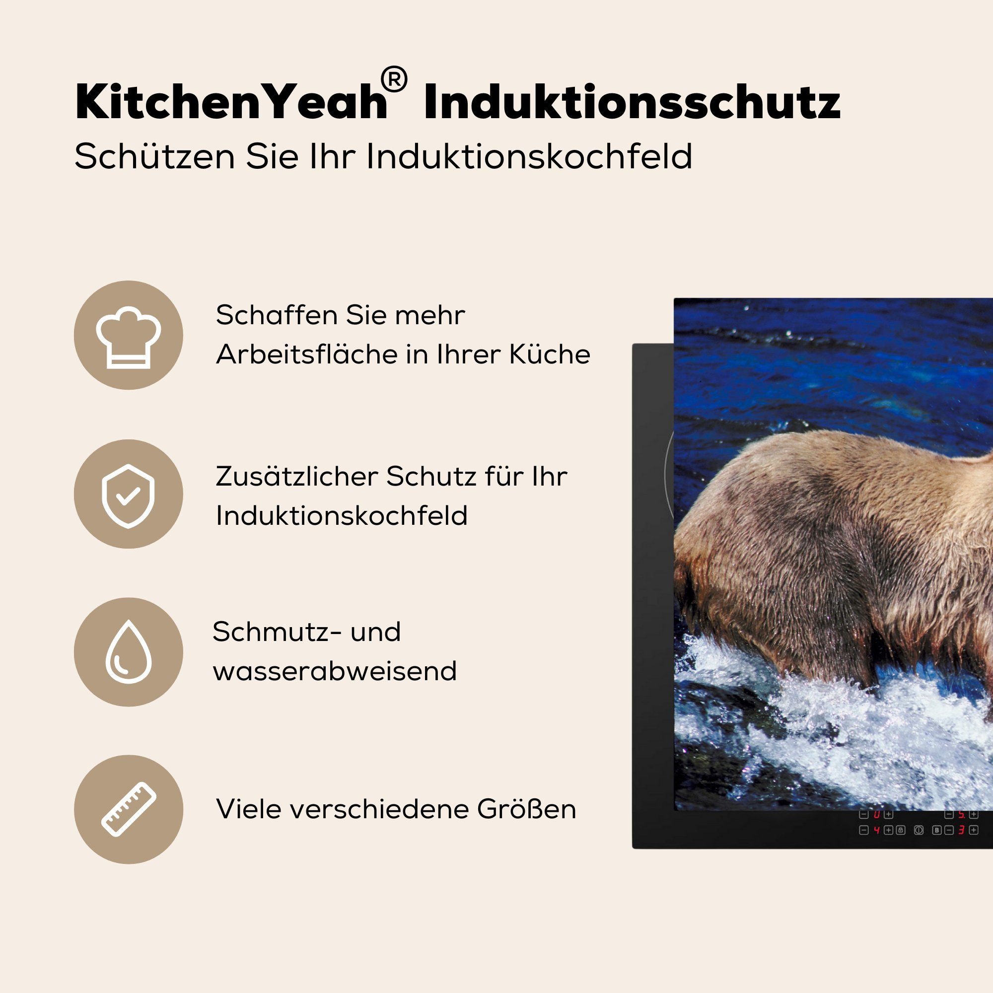 Wasserfall, 81x52 MuchoWow Herdblende-/Abdeckplatte für Vinyl, küche, cm, (1 Schutz Induktionskochfeld - tlg), Bär die Ceranfeldabdeckung Fisch -