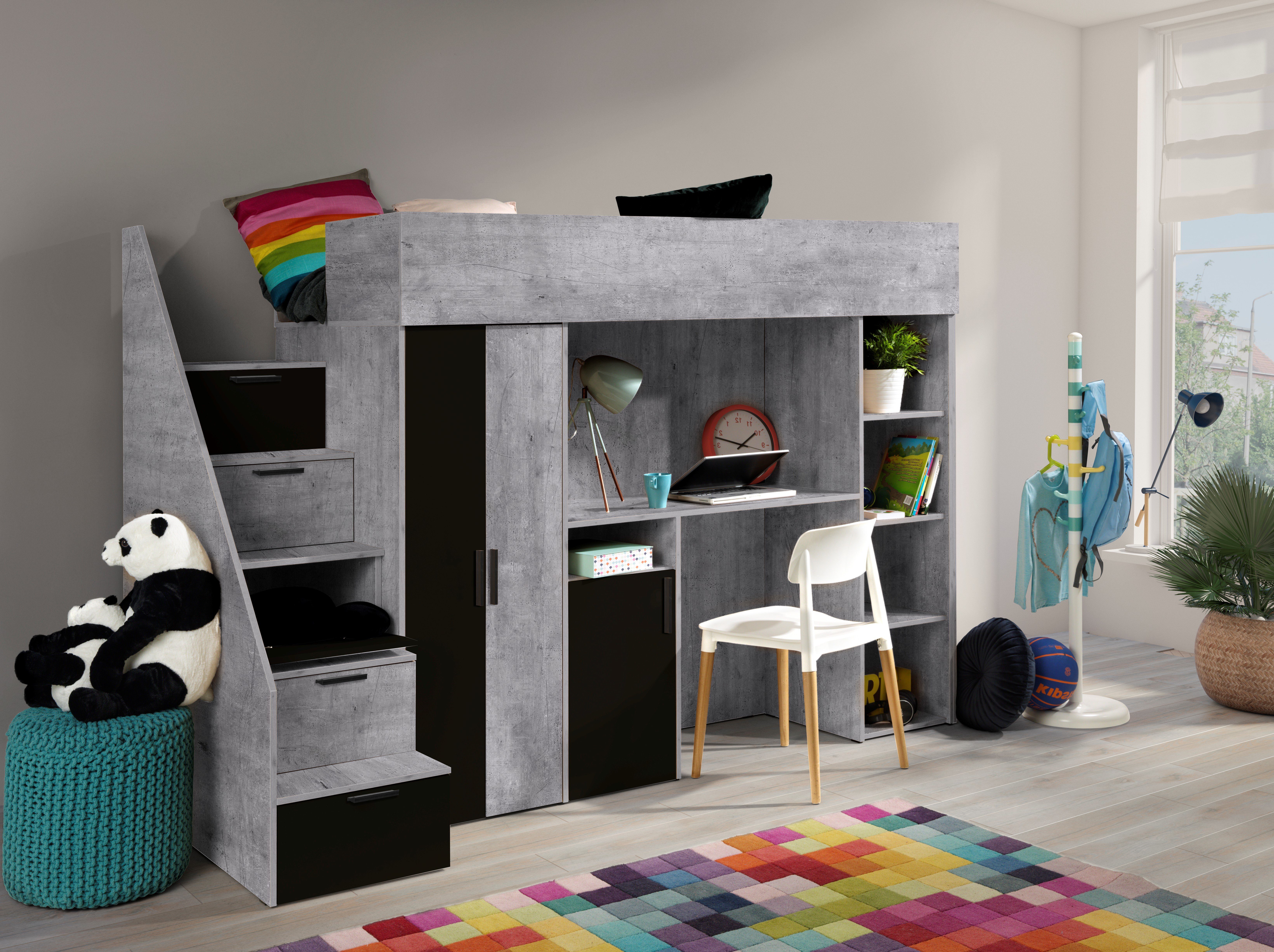Regale und Schreibtisch, Beton/Schwarz Kleiderschrank Hochbett KON14, Kinderbett mit Home Unique