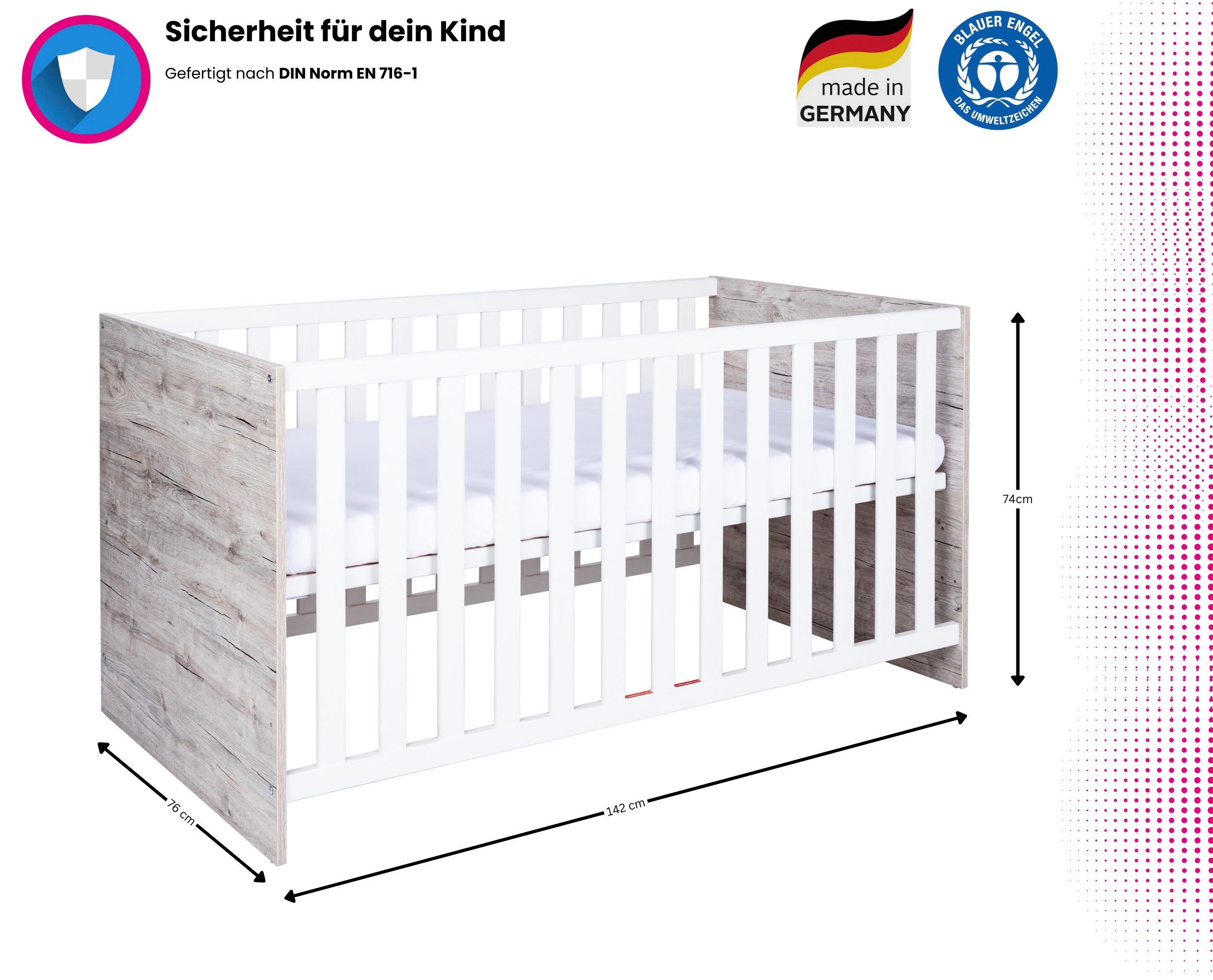 OTTO home Babyzimmer-Komplettset Rieke Bis ins Jugendalter, toll für kleine Zimmer, (Spar-Set, 4-tlg., Kinderbett, Schrank 3 türig, Wickelkommode + Unterbauregal), Made in Germany, Blauer Engel zertifiziert, zeitloses Design
