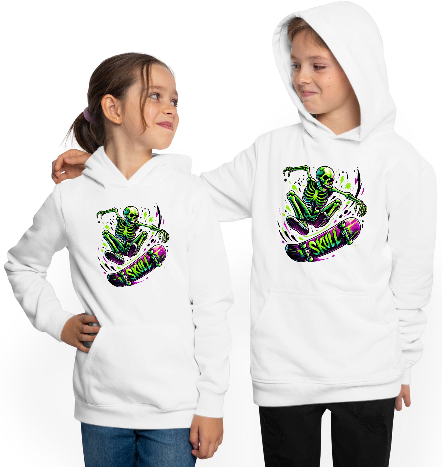 MyDesign24 Hoodie Kinder Kapuzensweater - Springender Skelett Skateboarder Kapuzenpulli mit Aufdruck i538