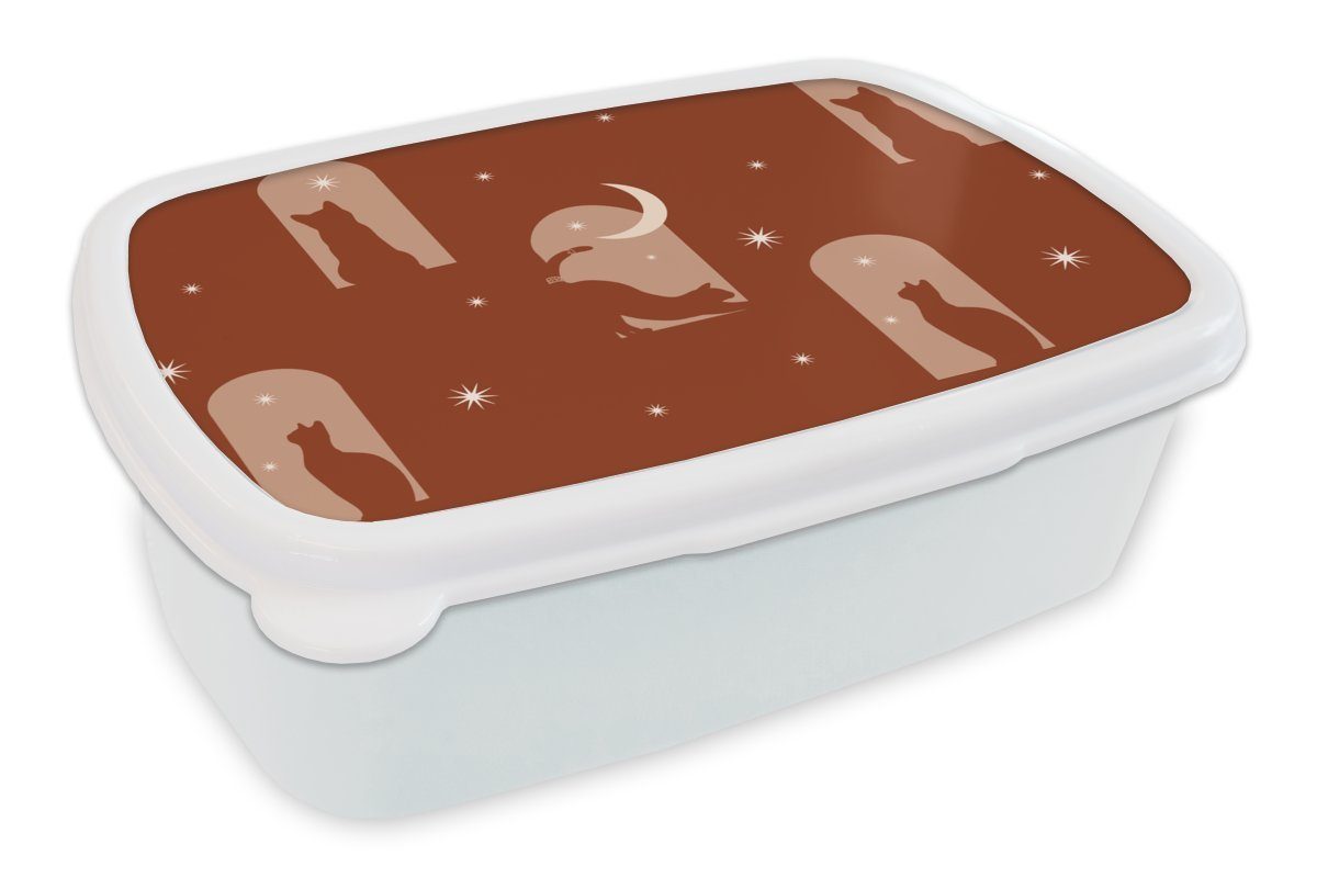 MuchoWow Lunchbox Sterne - Katze - Entwurf, Kunststoff, (2-tlg), Brotbox für Kinder und Erwachsene, Brotdose, für Jungs und Mädchen weiß