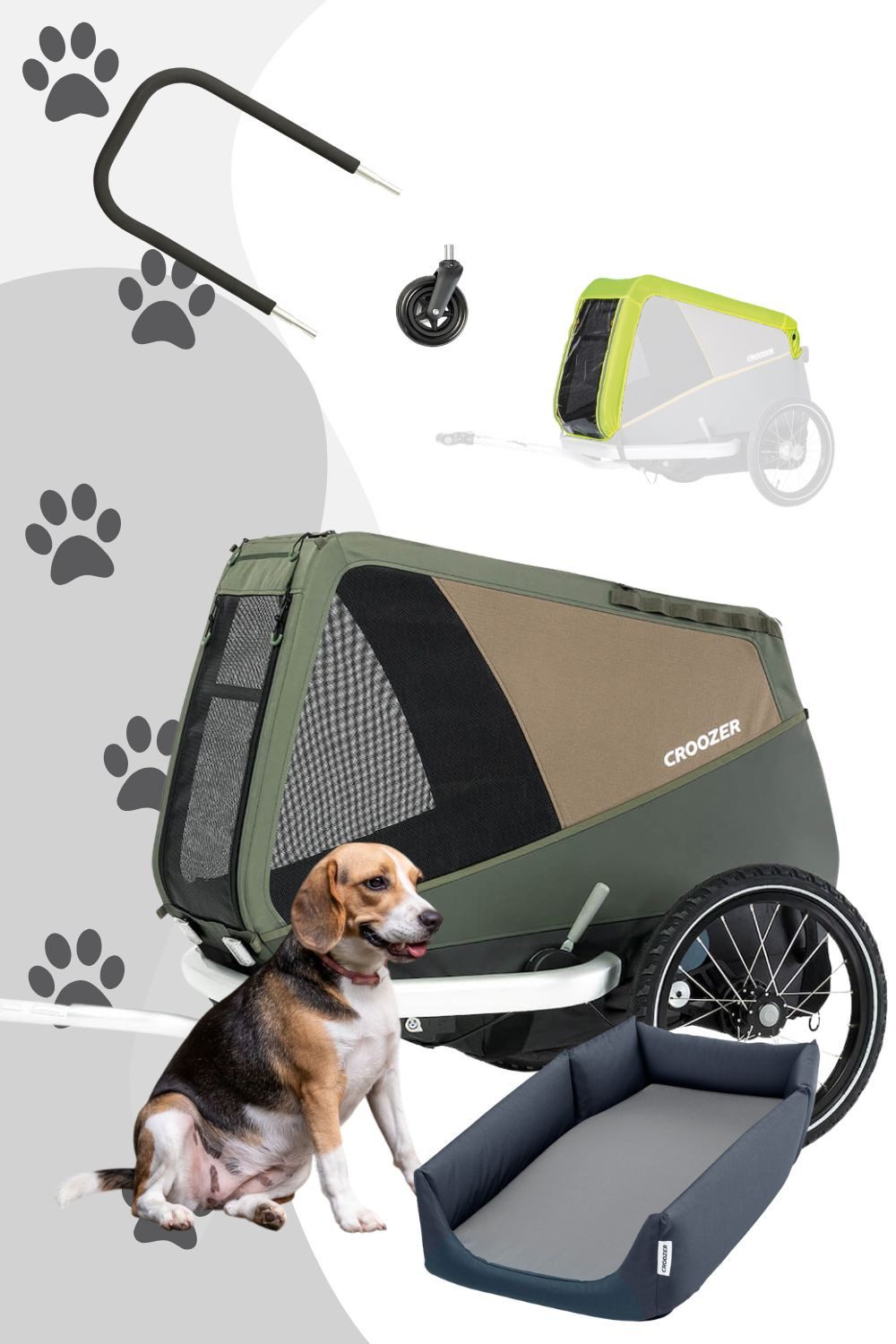 Croozer Fahrradhundeanhänger Dog Enna Flex & Go Bundle (inkl. Buggyset und Regenverdeck), Bundle mit Buggyset, Hundebett & Regenverdeck