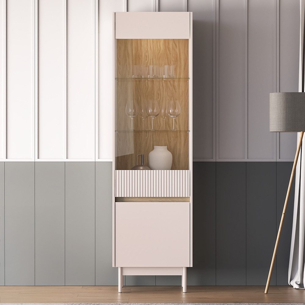 Lomadox Vitrine DINAR-131 kaschmir Eiche-Dekor modern 55 cm breit Metallfüße inkl. Beleuchtung