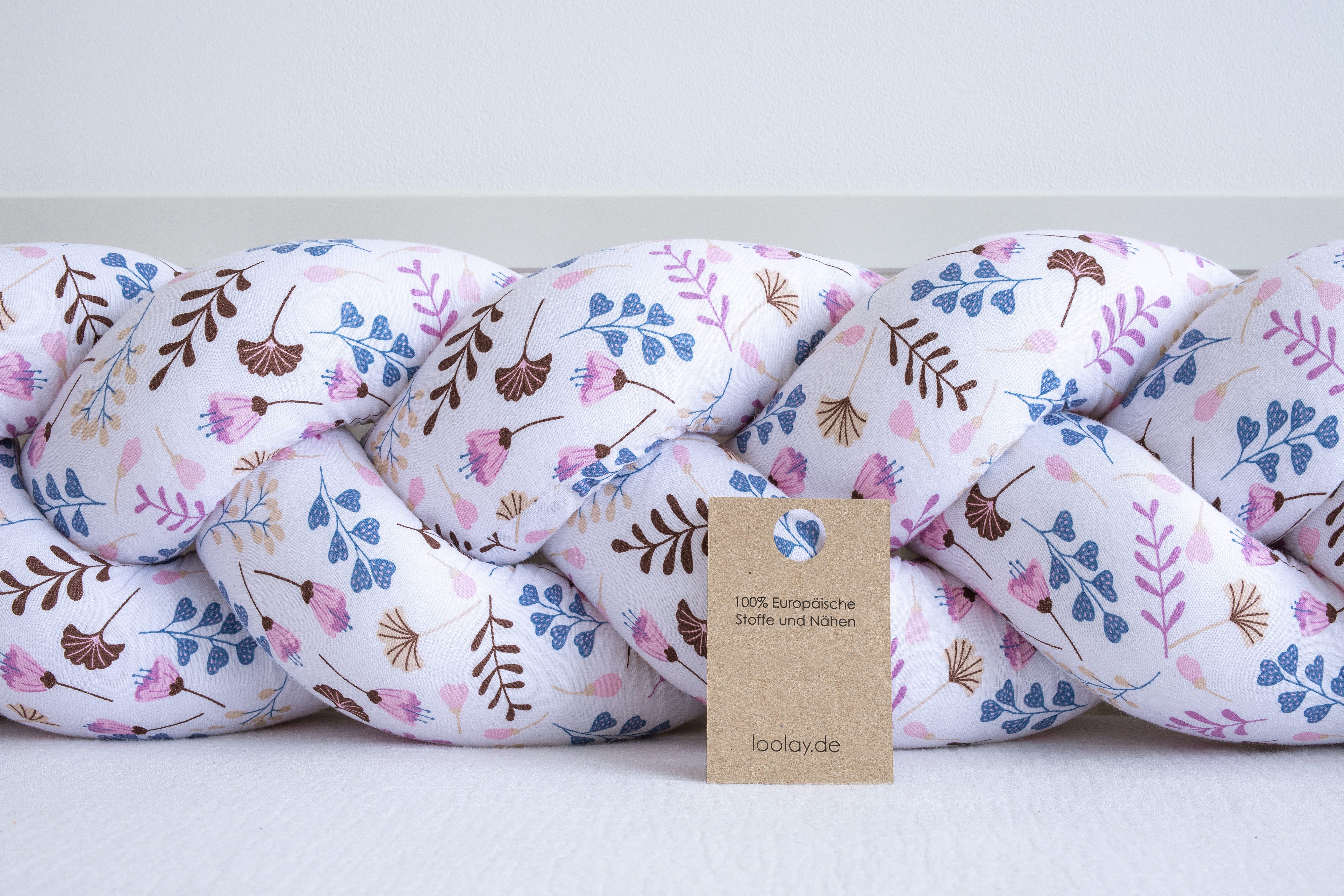 Loolay Nestchenschlange Geflochtenes Kissen Zierkissen Dekokissen Bettumrandung ROSA Blumen, (Zugluftstopper Zugluft Schlange Wickeltischumrandung Babybett Kinderzimmer Schutz, Wohndeko Bettschlange 100 150 200 300 400 cm & Länge auf Anfrage), Zugluftstopper tolle Wohndekoration Geschenk