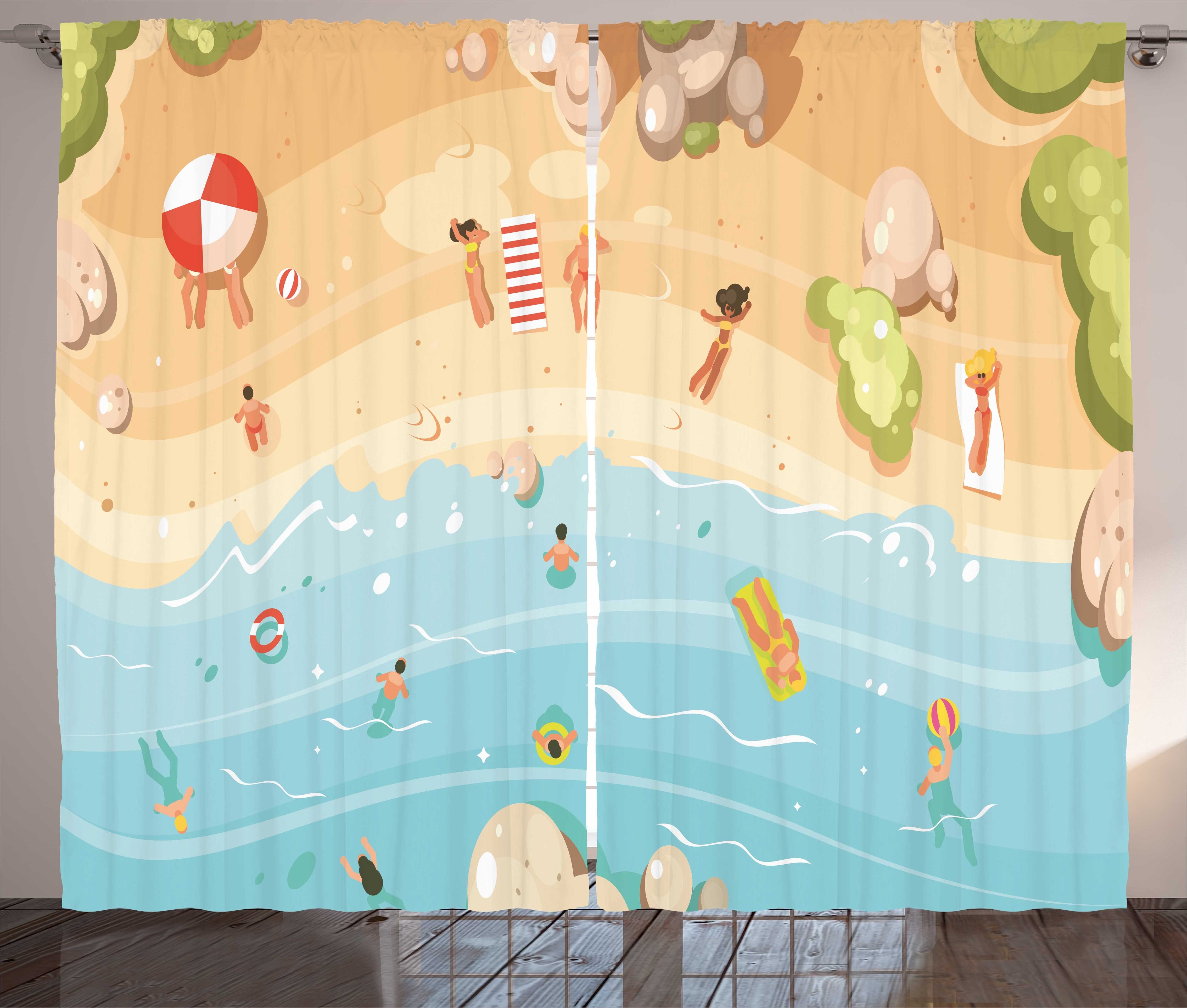 Gardine Schlafzimmer Kräuselband Vorhang mit Schlaufen und Haken, Abakuhaus, Grafik-Strand Cartoon Coast Fun