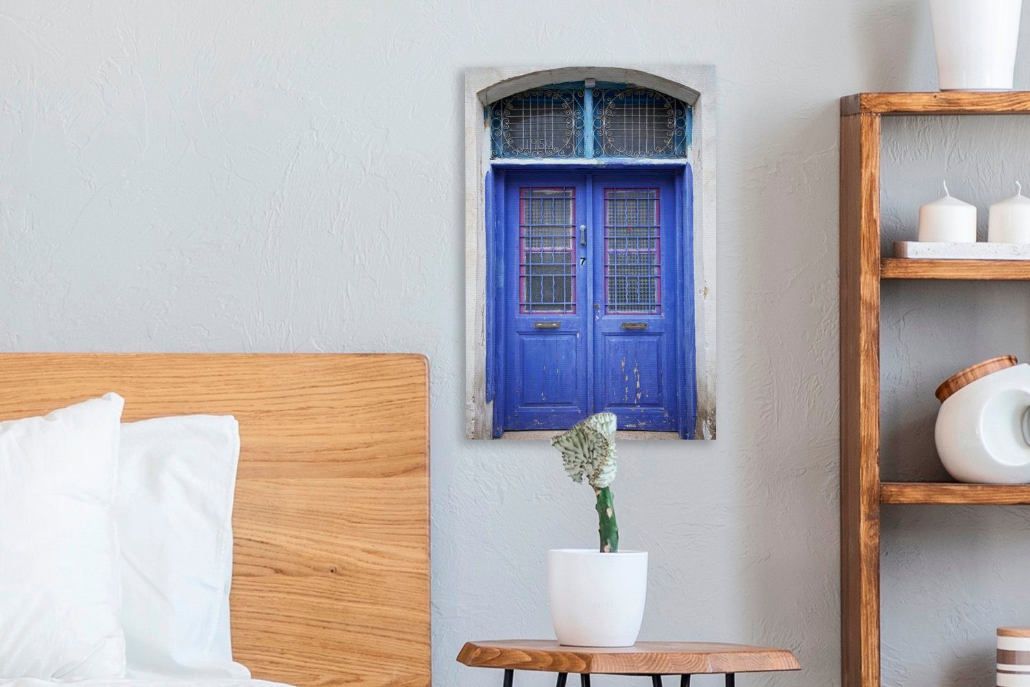 OneMillionCanvasses® Leinwandbild Blaue und Zackenaufhänger, St), cm bespannt Tür fertig inkl. 20x30 Leinwandbild Gemälde, (1 in Nikosia, baufällige