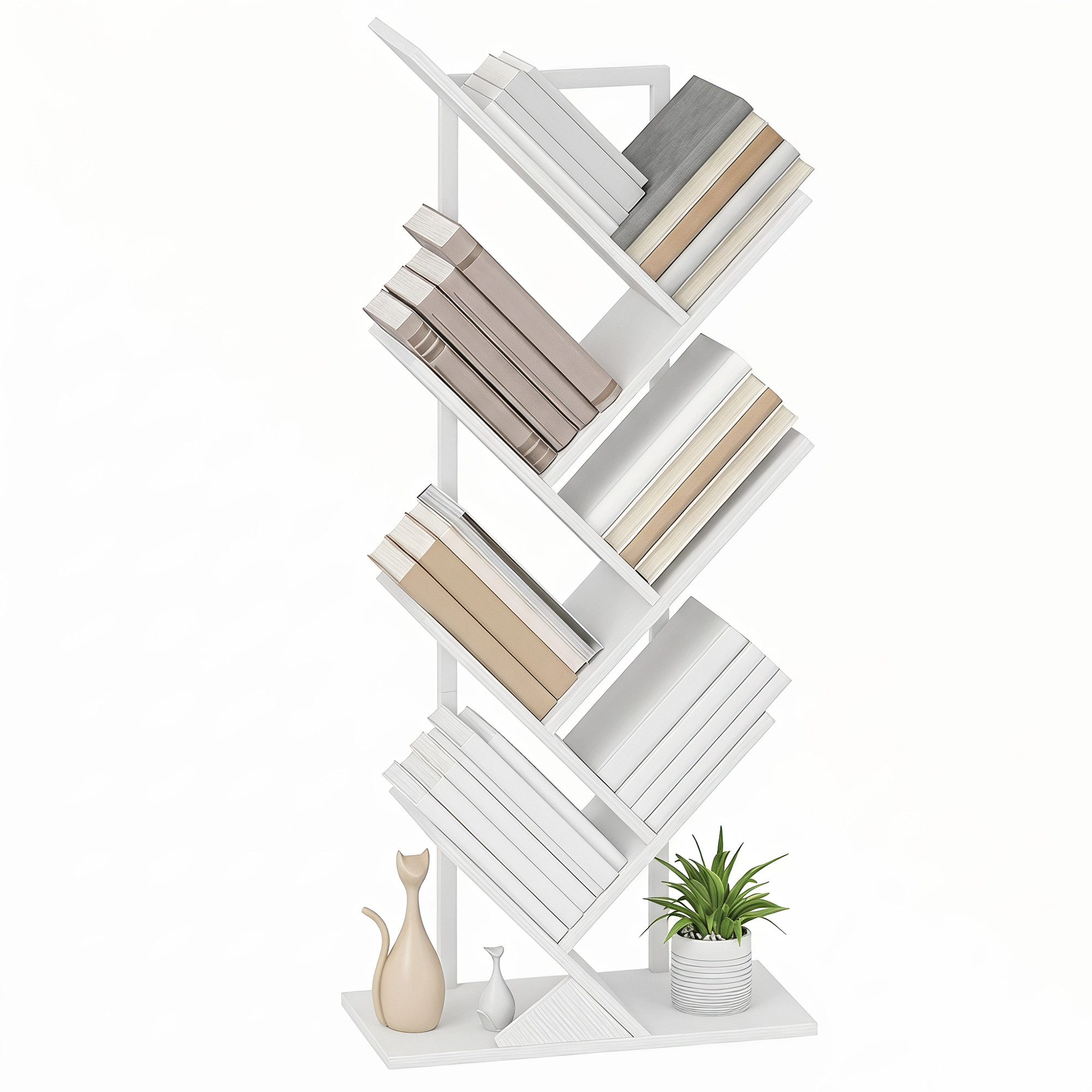 HOMCOM Bücherregal Standregal Raumteiler mit 7 Ebenen, im Baumform, Aufbewahrungsregal 1-tlg., für Wohnzimmer, Schlafzimmer, Büro, Weiß