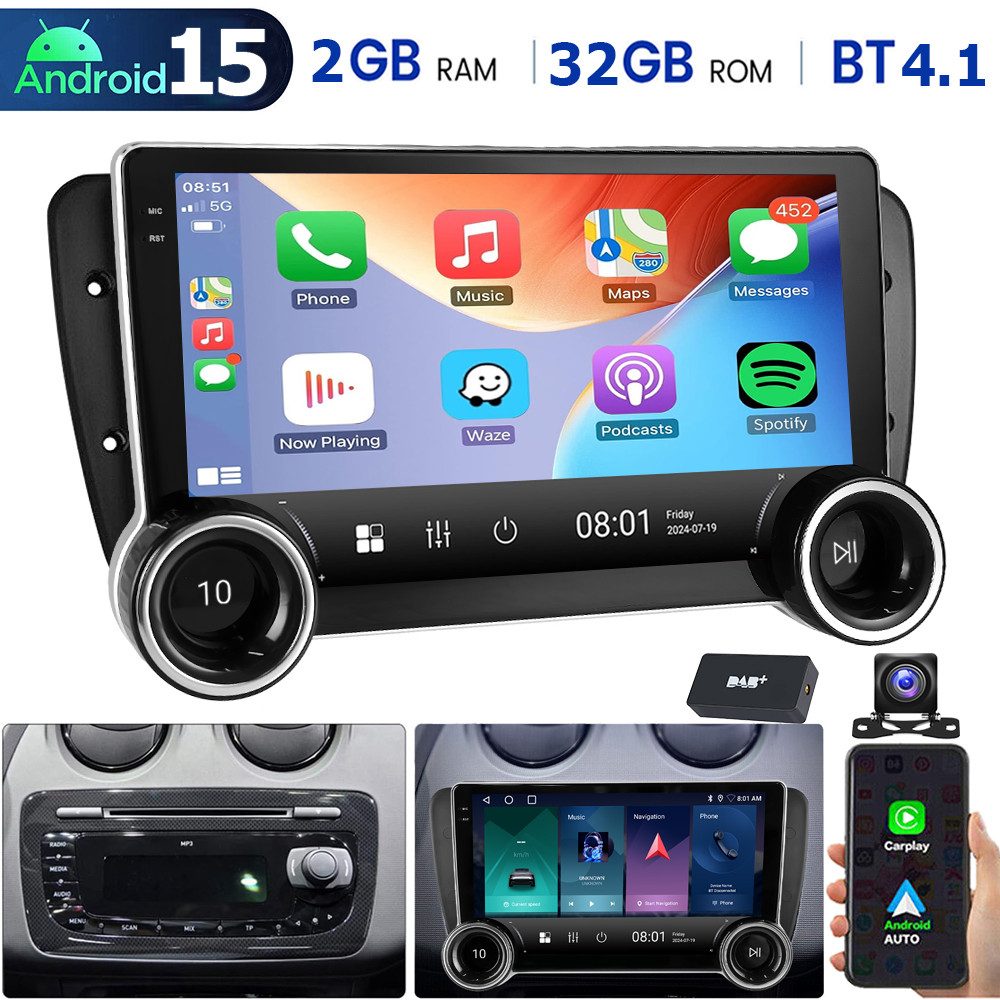 10" Android15 Autoradio mit CarPlay für Seat Ibiza6 GPS Navi 2009-2013 Autoradio