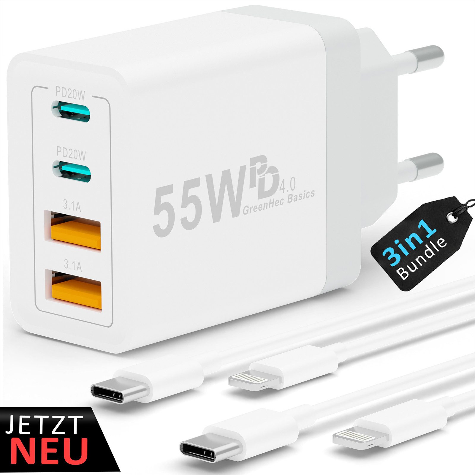 GreenHec USB-C Schnellladegerät iPhone 17 16 15 14 13 12 11 SE Charger Adapter Schnelllade-Gerät (0,00 mA, Spar-Set, Universelle Kompatibilität, Pro Max Air Netzteil Stecker Handy Phone Ladegerät Samsung mehrfach)
