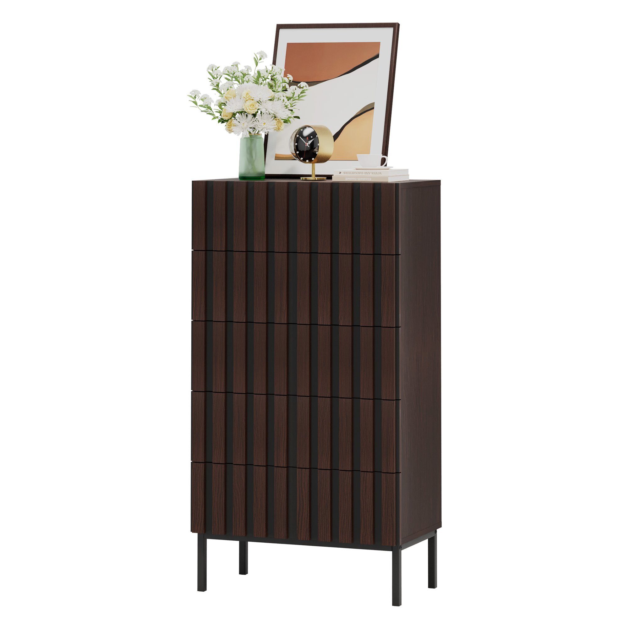 UEV Kommode schmal mit 4/5 Schublanden, Sideboard Beistellschrank Buffet (Aufbewahrungskommode, Mehrzweckschrank aus Holz(Natur/Schwarz/Dunkelbraun), Schrank für Wohnzimmer Schlafzimmer Flur