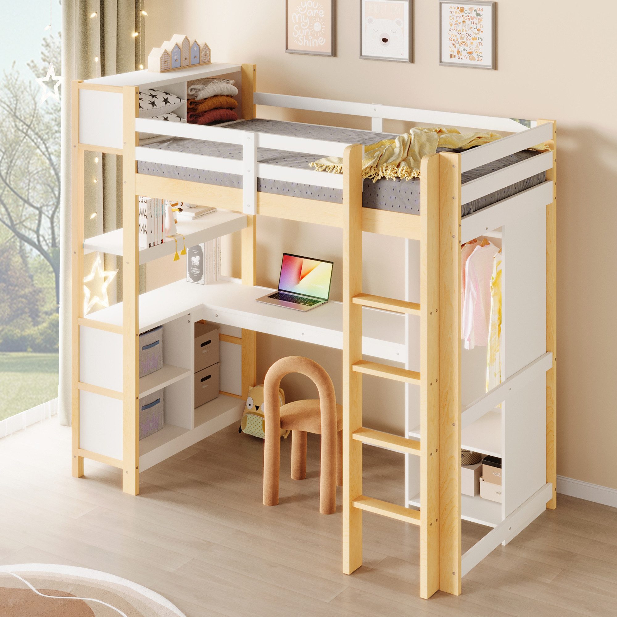 HAUSS SPOLE Hochbett 90x200 Jugendbett Einzelbett mit Schreibtisch und Kleiderschrank,Natur (Holzbett Funktionsbett All-in-One-Design mit mehreren Ablagefächern) mit Schutzgeländer für Kinder ab 6 Jahren ohne Matratze