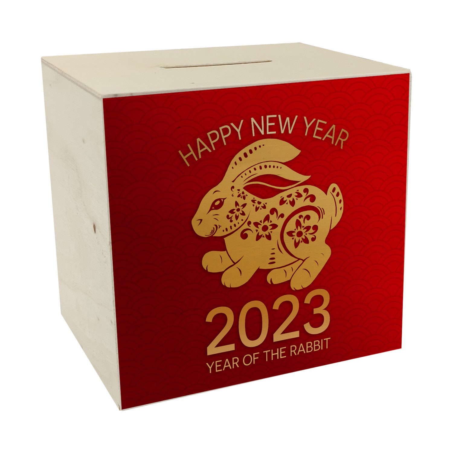 Spardose Happy Year of the Rabbit 2023 Spardose aus Holz mit Kaninchen