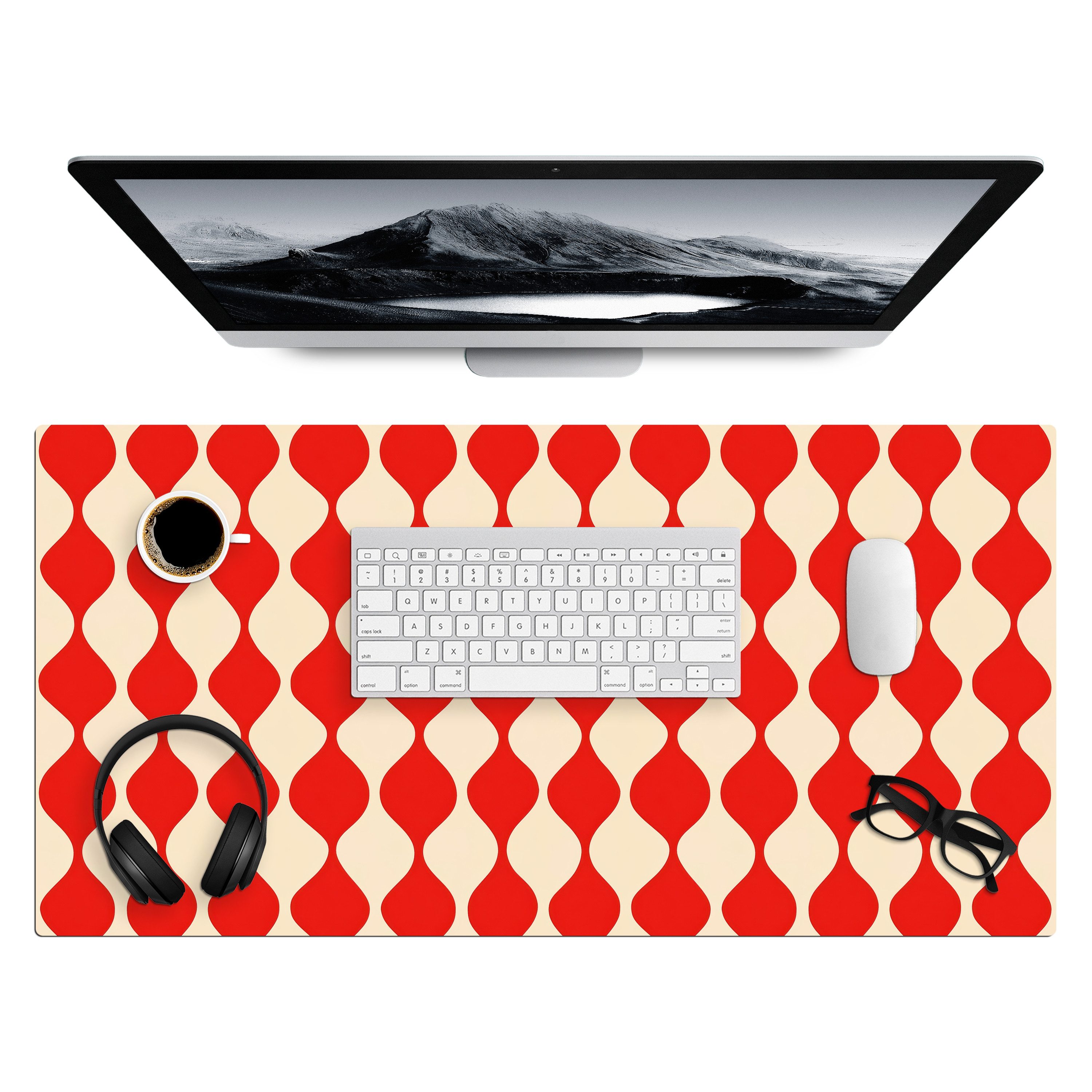 MuchoWow Gaming Mauspad Wellenförmiges Muster - Retro - Rot - Beige (1-St), Gaming Mauspad XXL, Schreibtischunterlage, Desk Mat Groß, 80x40 cm