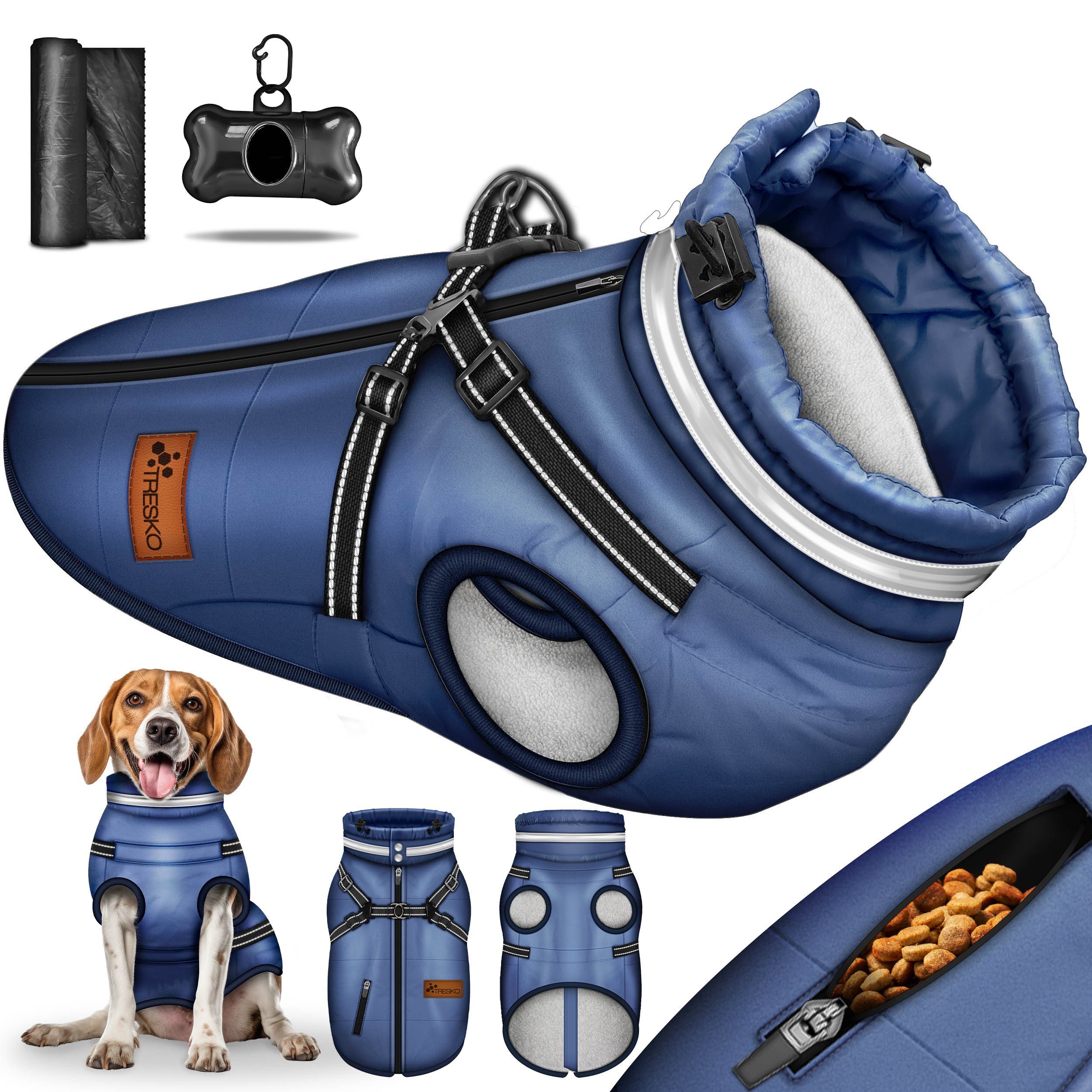TRESKO Hundejacke Winter mit Reflektoren inkl. 15 Stück Kotbeutel, + Spender Hunderegenmantel wasserdicht Hundemantel mit Geschirr Weste