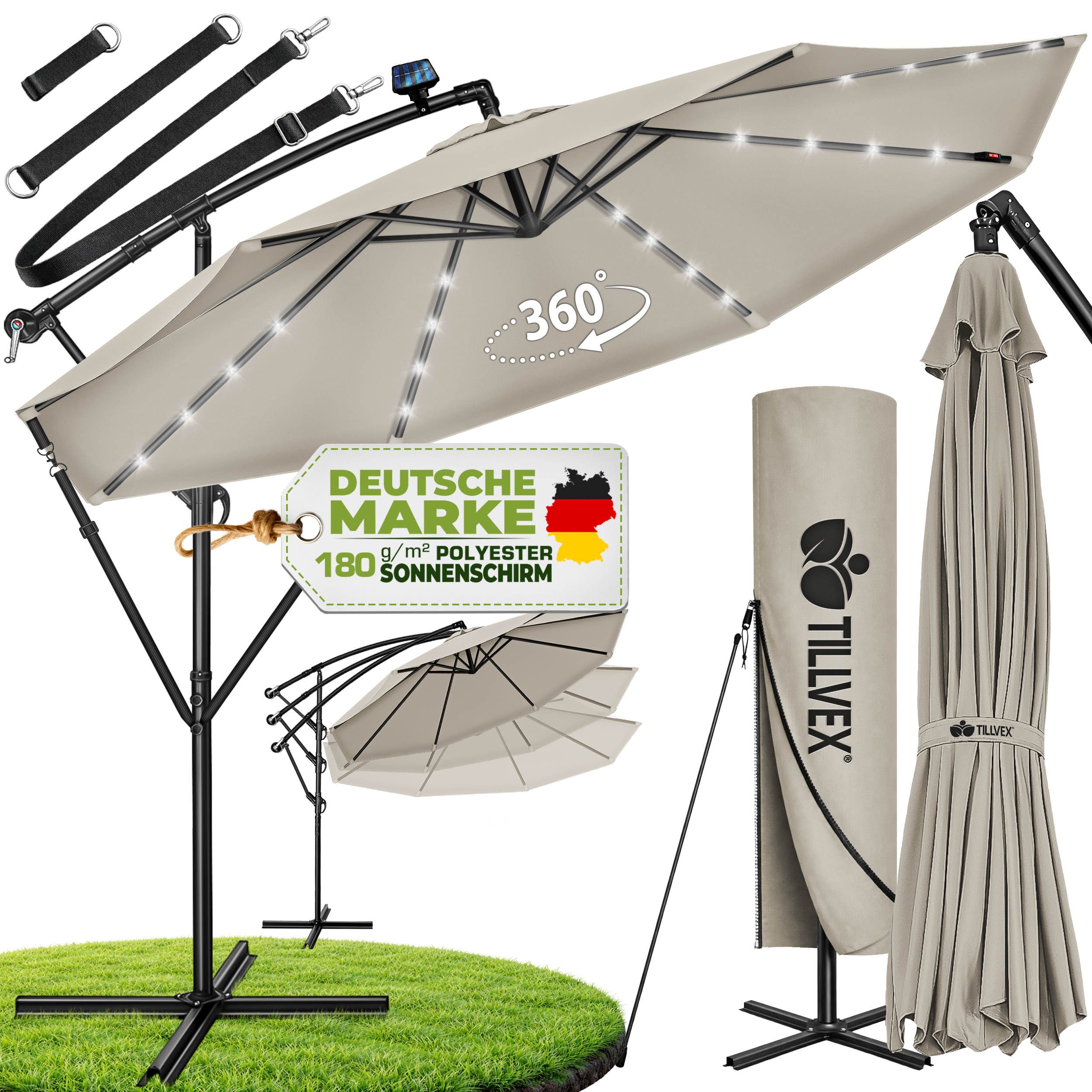 tillvex Sonnenschirm tillvex® Sonnenschirm LED Solar Ø 3m Ampelschirm Balkon Gartenschirm, Alu Ampelschirm + Abdeckung LED Solar Ø 350 cm mit Kurbel, Abdeckung + Ständer, Gartenschirm UV-Schutz Aluminium, Kurbelschirm Marktschirm wasserdicht 360° drehbar